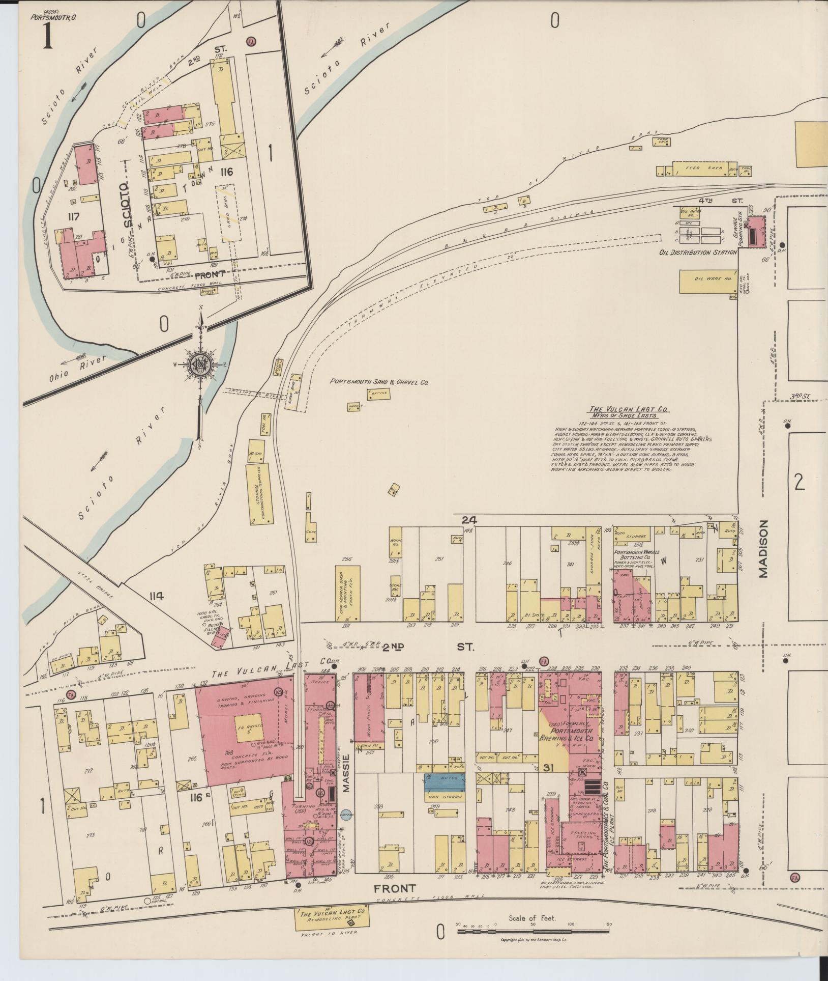Sanborn Fire Insurance Map from Portsmouth, Scioto County, Ohio (1921), Sheet #0001 - Historic Sanborn Fire Insurance Map Print, vintage old map wall art, antique decor, genealogy gift, Ohio Ohio map