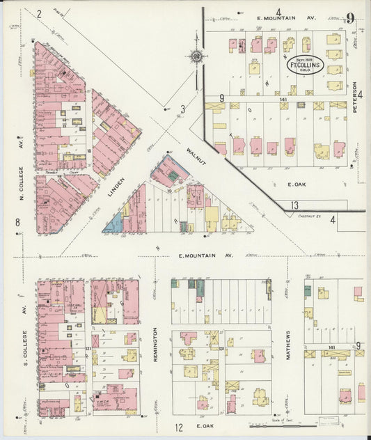 Sanborn Fire Insurance Map from Fort Collins, Larimer County, Colorado (1909), Sheet #0009 - Historic Sanborn Fire Insurance Map Print, vintage old map wall art, antique decor, genealogy gift, Colorado Colorado map