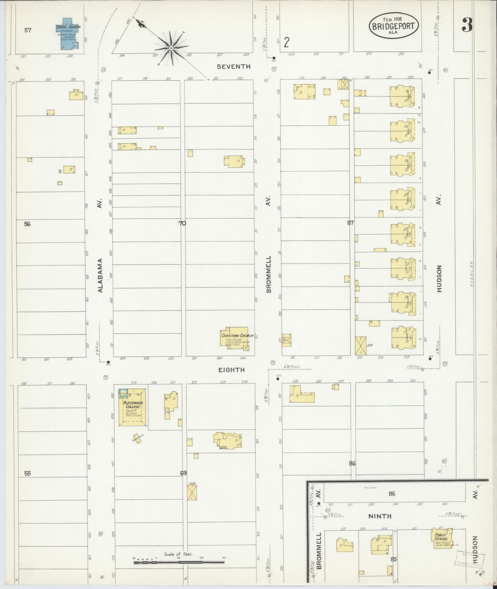 Sanborn Fire Insurance Map from Bridgeport, Jackson County, Alabama (1908), Sheet #0003 - Historic Sanborn Fire Insurance Map Print, vintage old map wall art, antique decor, genealogy gift, Alabama Alabama map