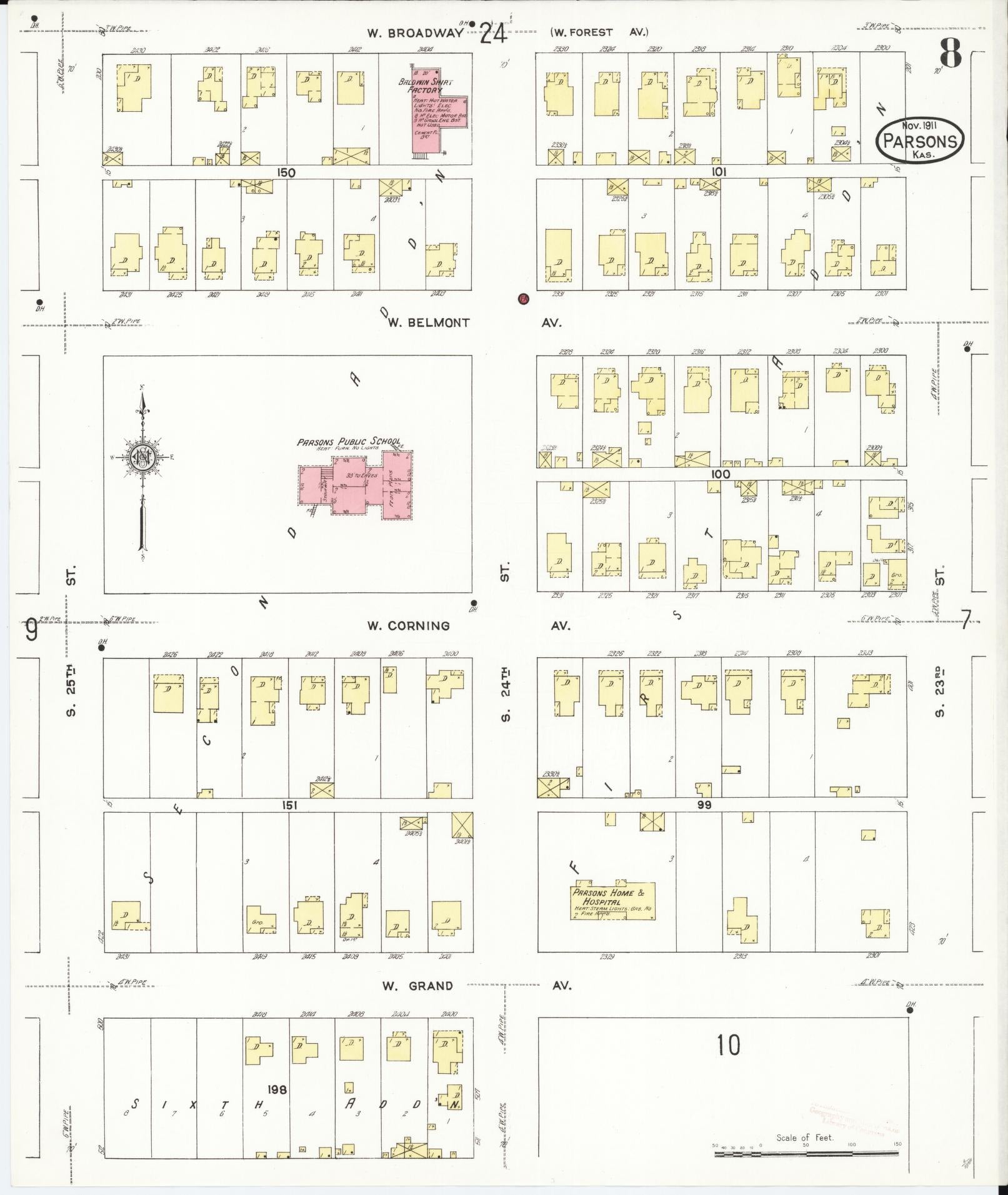 Sanborn Fire Insurance Map from Parsons, Labette County, Kansas (1911), Sheet #0008 - Complete Map Set gallery image, historic Sanborn map, vintage wall art, Kansas Kansas