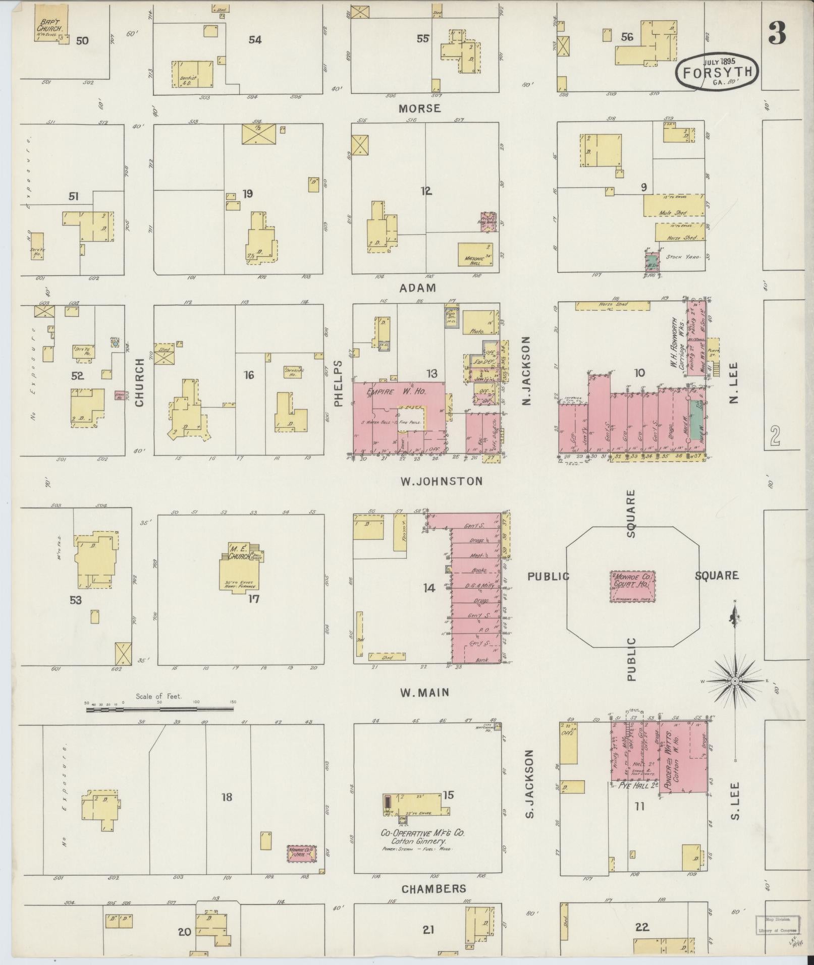 Sanborn Fire Insurance Map from Forsyth, Monroe County, Georgia (1895), Sheet #0003 - Complete Map Set gallery image, historic Sanborn map, vintage wall art, Georgia Georgia