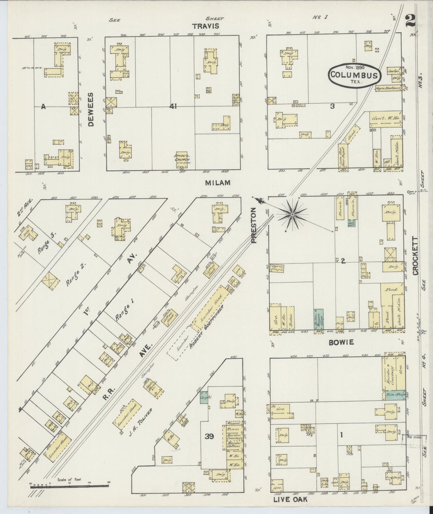 Sanborn Fire Insurance Map from Columbus, Colorado County, Texas (1890), Sheet #0002 - Complete Map Set gallery image, historic Sanborn map, vintage wall art, Columbus Colorado