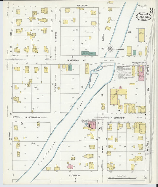 Sanborn Fire Insurance Map from Hastings, Barry County, Michigan (1909), Sheet #0003 - Historic Sanborn Fire Insurance Map Print, vintage old map wall art, antique decor, genealogy gift, Michigan Michigan map
