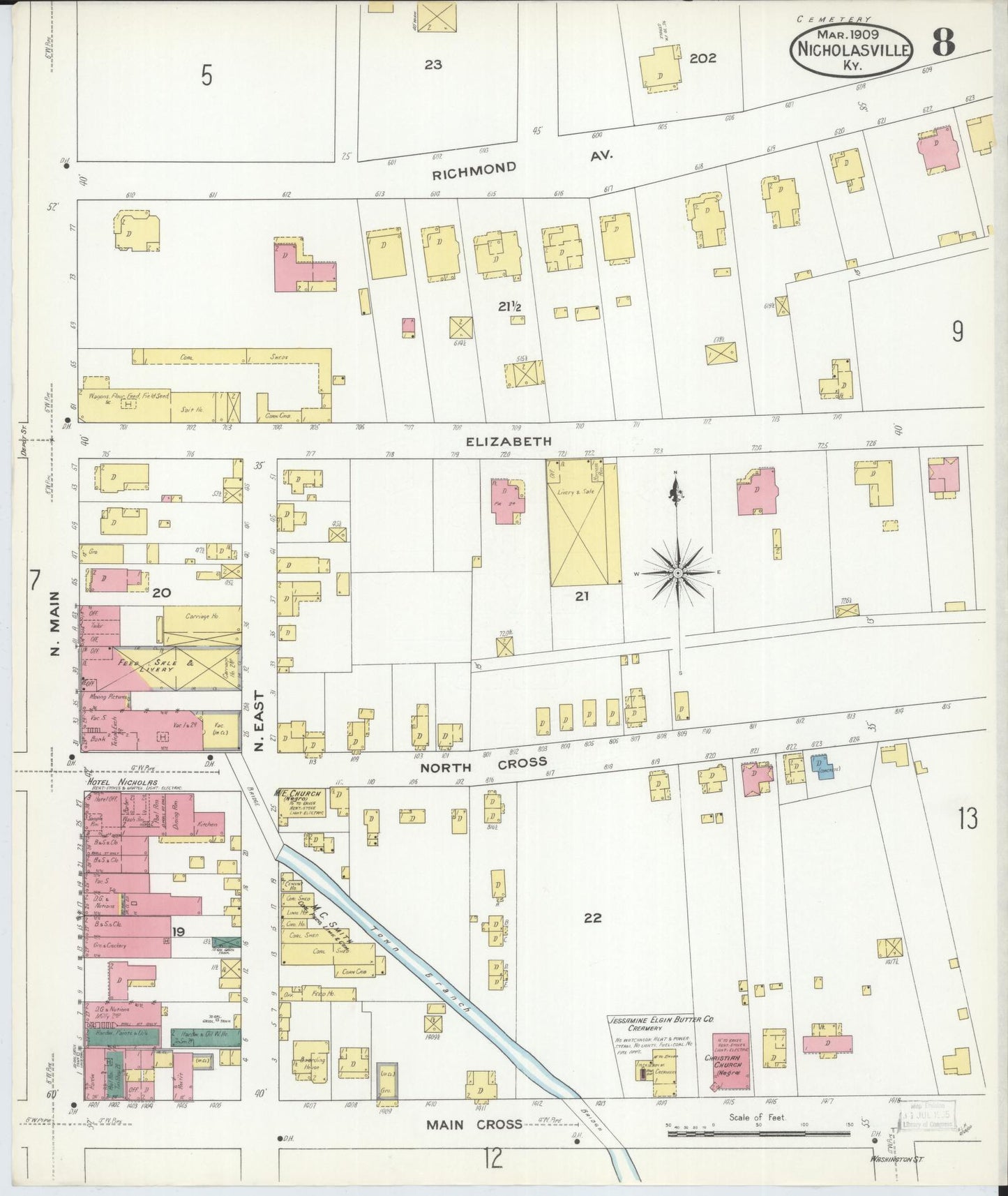 Sanborn Fire Insurance Map from Nicholasville, Jessamine County, Kentucky (1909), Sheet #0008 - Complete Map Set gallery image, historic Sanborn map, vintage wall art, Kentucky Kentucky