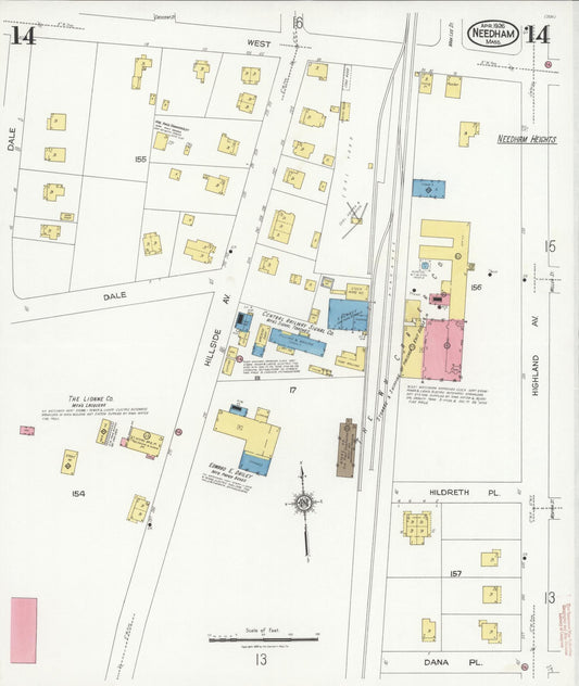 Sanborn Fire Insurance Map from Needham, Norfolk County, Massachusetts (1926), Sheet #0014 - Historic Sanborn Fire Insurance Map Print, vintage old map wall art, antique decor, genealogy gift, Massachusetts Massachusetts map