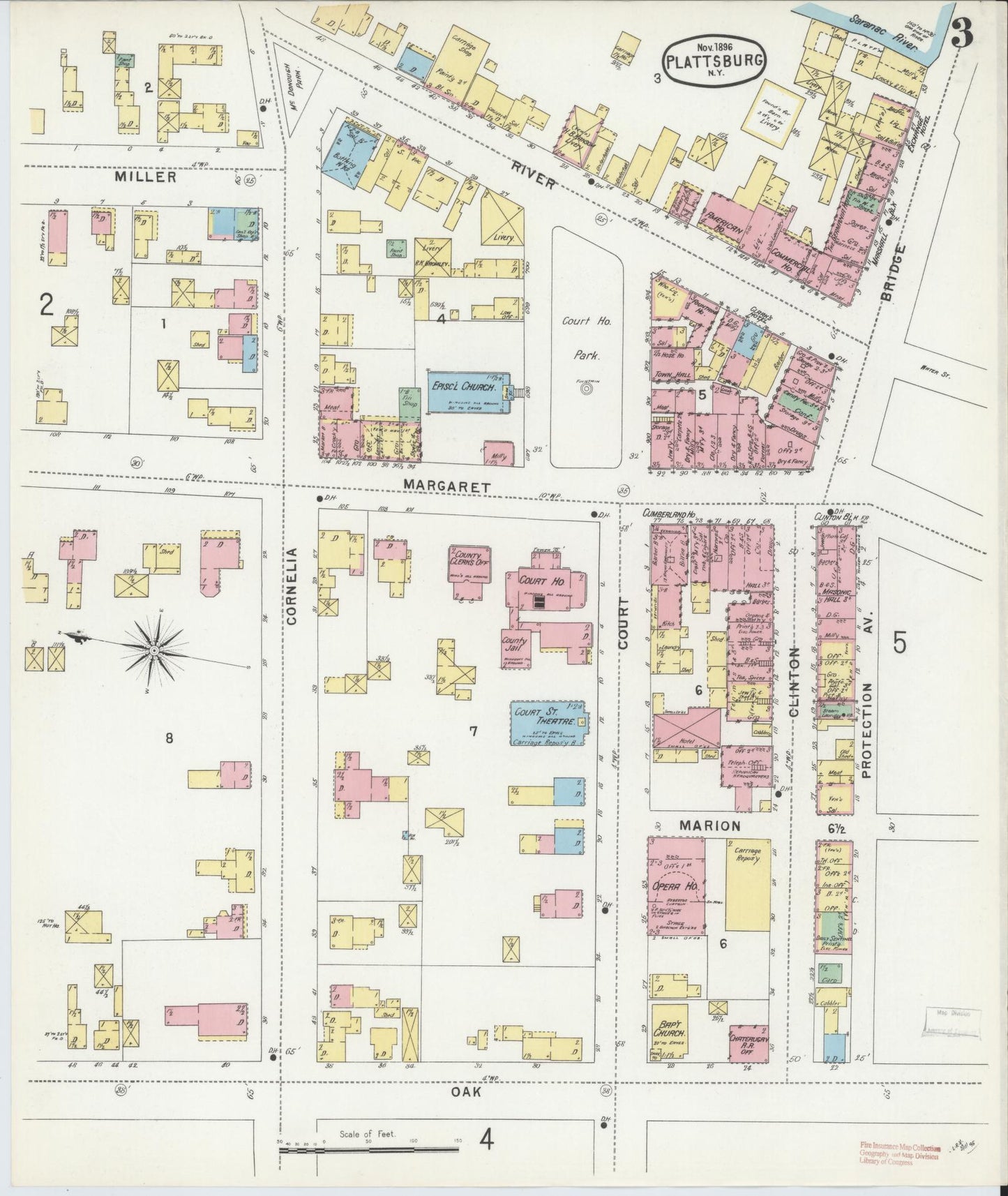 Sanborn Fire Insurance Map from Plattsburg, Clinton County, New York (1896), Sheet #0003 - Historic Sanborn Fire Insurance Map Print, vintage old map wall art, antique decor, genealogy gift, New York New York map