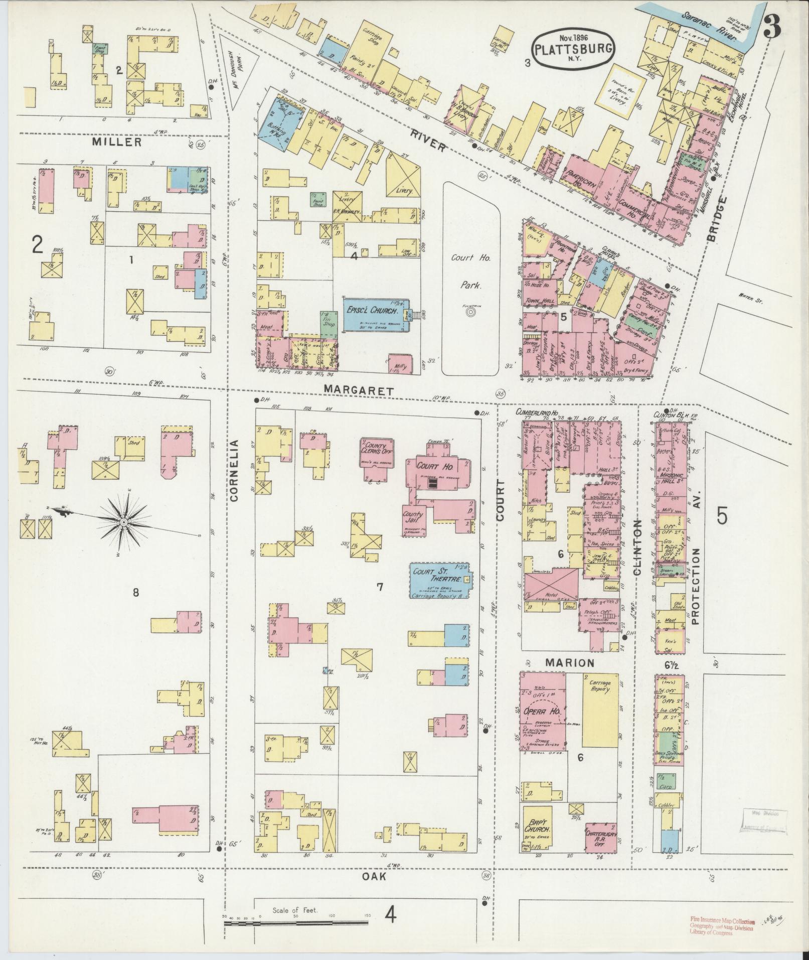 Sanborn Fire Insurance Map from Plattsburg, Clinton County, New York (1896), Sheet #0003 - Historic Sanborn Fire Insurance Map Print, vintage old map wall art, antique decor, genealogy gift, New York New York map