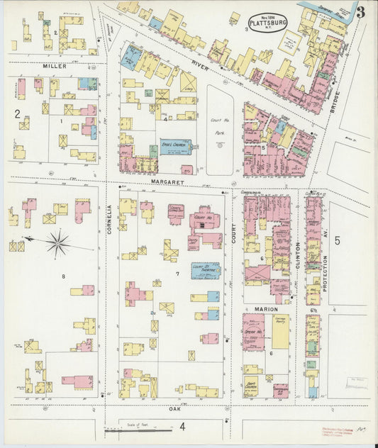 Sanborn Fire Insurance Map from Plattsburg, Clinton County, New York (1896), Sheet #0003 - Historic Sanborn Fire Insurance Map Print, vintage old map wall art, antique decor, genealogy gift, New York New York map