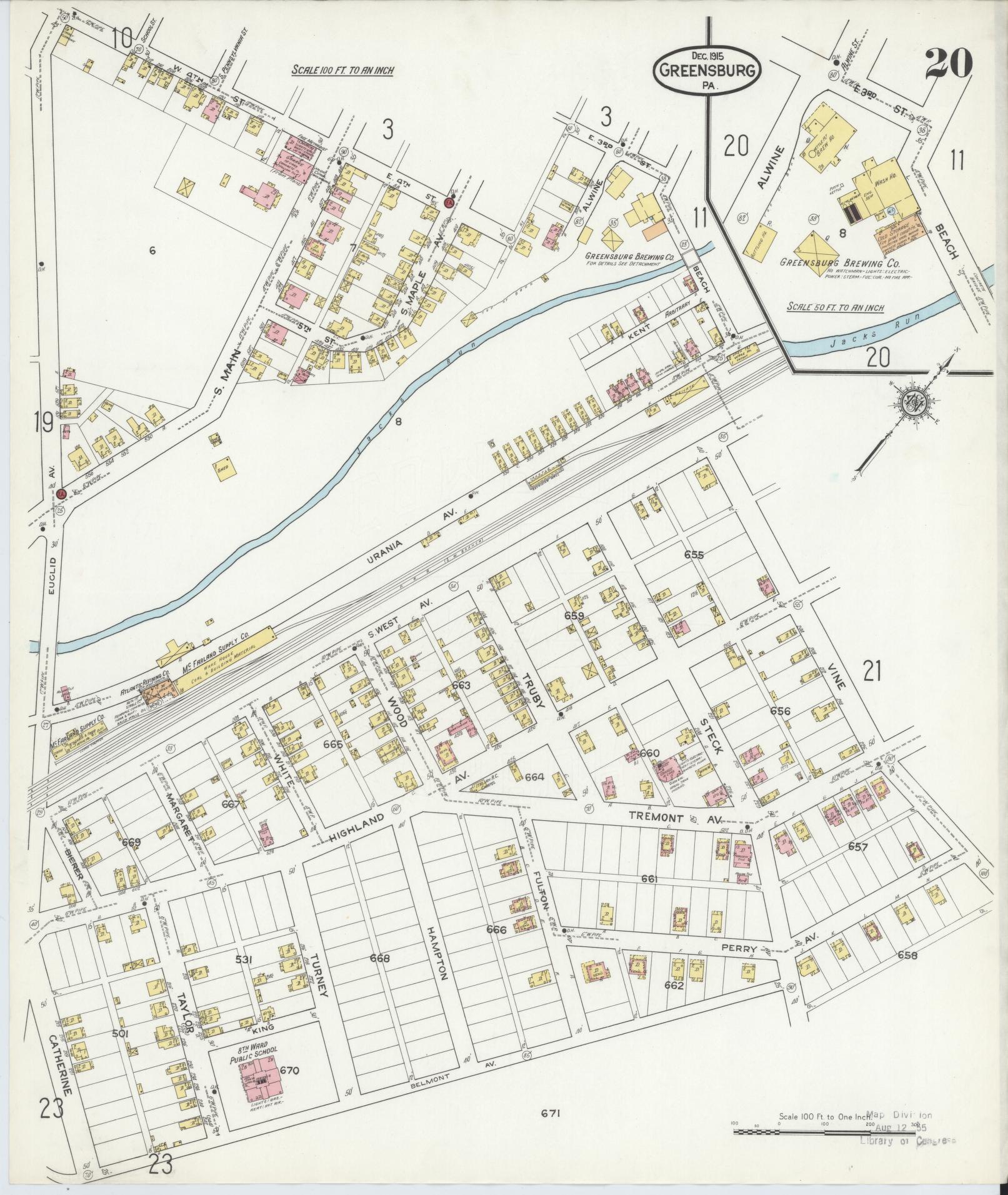 Sanborn Fire Insurance Map from Greensburg, Westmoreland County, Pennsylvania (1915), Sheet #0020 - Historic Sanborn Fire Insurance Map Print, vintage old map wall art, antique decor, genealogy gift, Pennsylvania Pennsylvania map