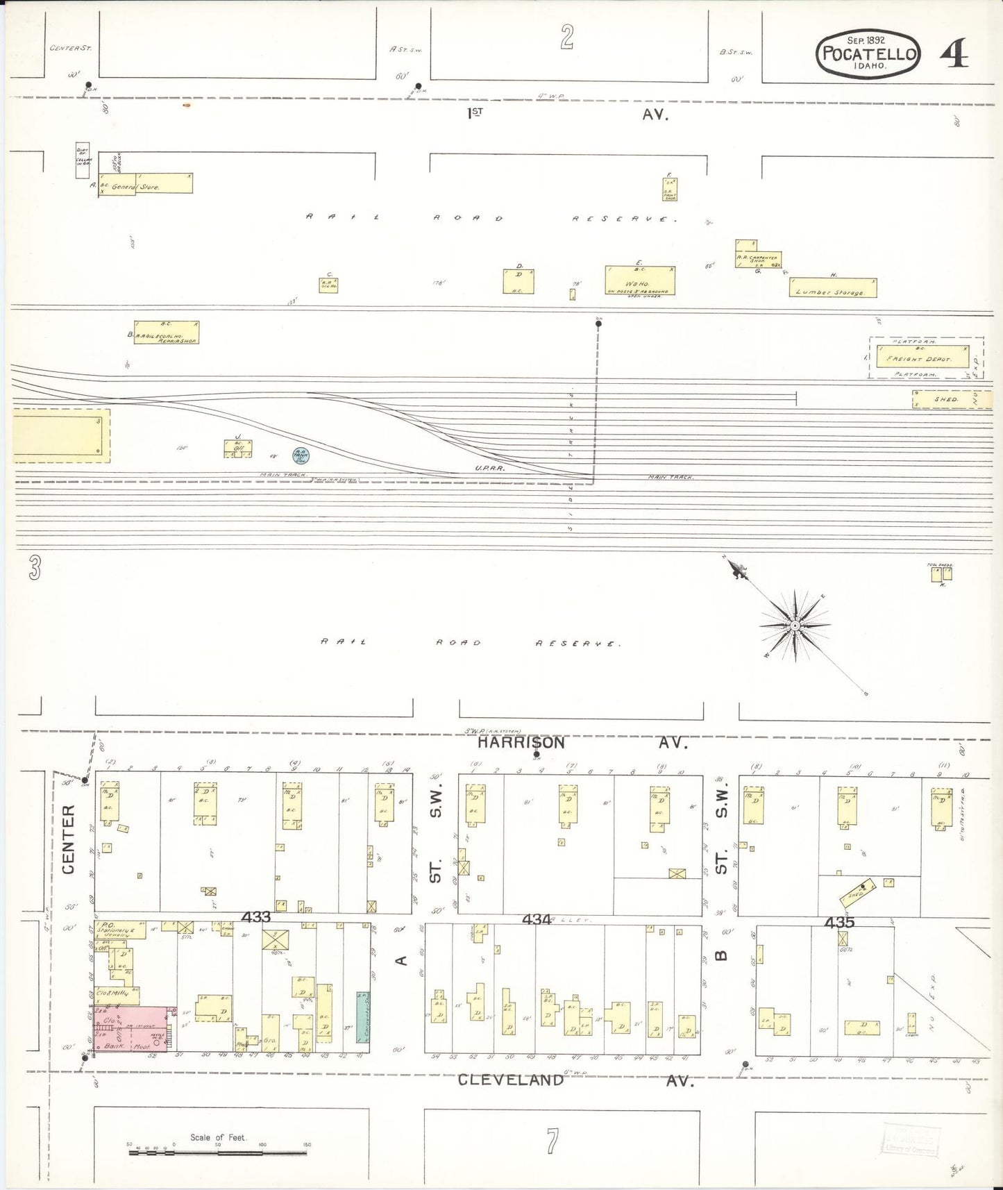 Sanborn Fire Insurance Map from Pocatello, Bannock County, Idaho (1892), Sheet #0004 - Historic Sanborn Fire Insurance Map Print, vintage old map wall art, antique decor, genealogy gift, Idaho Idaho map