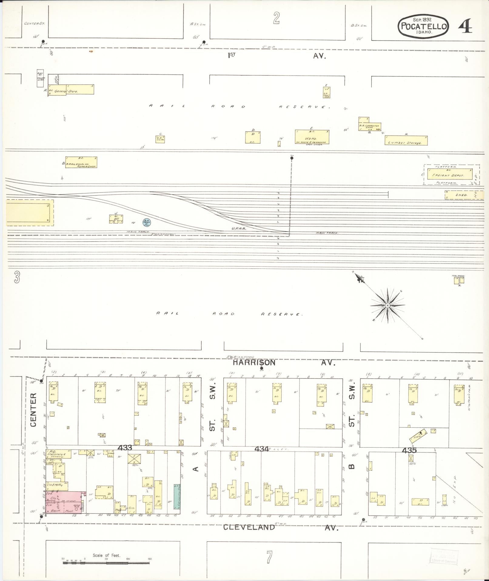 Sanborn Fire Insurance Map from Pocatello, Bannock County, Idaho (1892), Sheet #0004 - Historic Sanborn Fire Insurance Map Print, vintage old map wall art, antique decor, genealogy gift, Idaho Idaho map