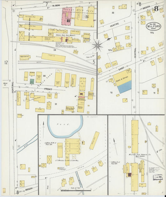 Sanborn Fire Insurance Map from Milford, Worcester County, Massachusetts (1903), Sheet #0008 - Historic Sanborn Fire Insurance Map Print, vintage old map wall art, antique decor, genealogy gift, Massachusetts Massachusetts map