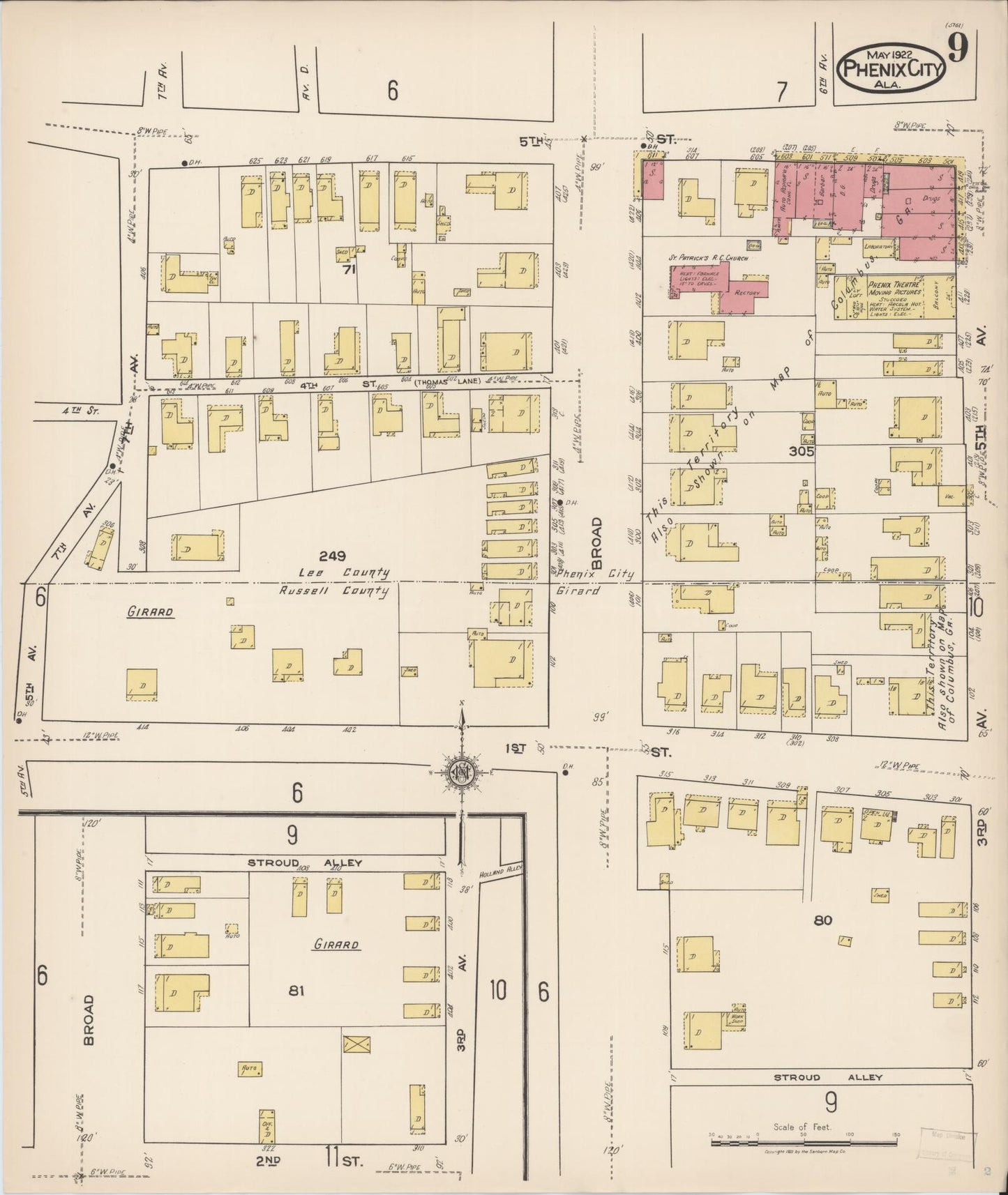 Sanborn Fire Insurance Map from Phenix City, Lee And Russell Counties, Alabama (1922), Sheet #0009 - Complete Map Set gallery image, historic Sanborn map, vintage wall art, Alabama Alabama