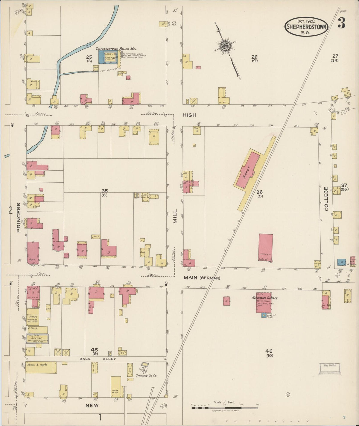 Sanborn Fire Insurance Map from Shepherdstown, Jefferson County, West Virginia (1922), Sheet #0003 - Complete Map Set gallery image, historic Sanborn map, vintage wall art, West Virginia West Virginia