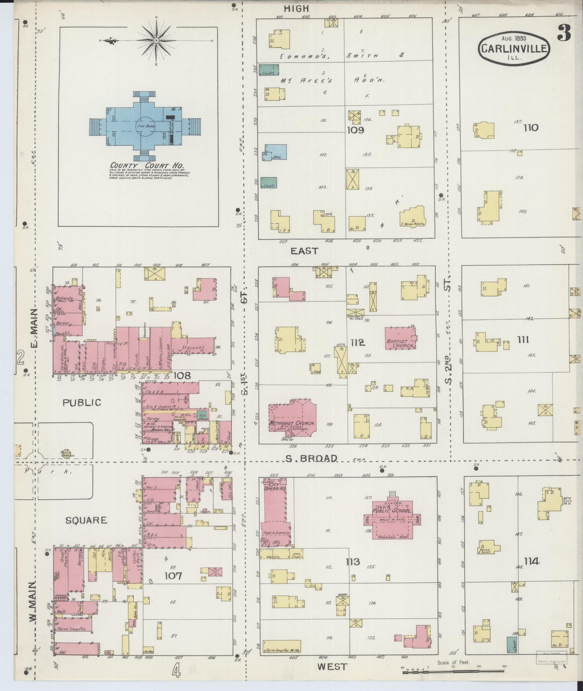 Sanborn Fire Insurance Map from Carlinville, Macoupin County, Illinois (1893), Sheet #0003 - Complete Map Set gallery image, historic Sanborn map, vintage wall art, Illinois Illinois