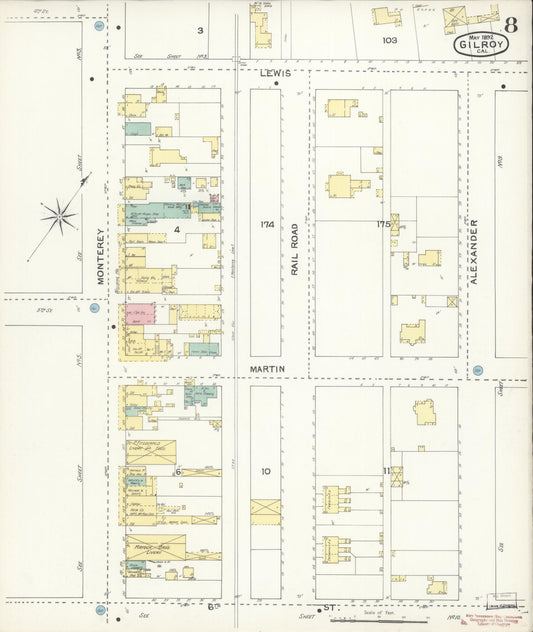 Sanborn Fire Insurance Map from Gilroy, Santa Clara County, California (1892), Sheet #0008 - Historic Sanborn Fire Insurance Map Print, vintage old map wall art, antique decor, genealogy gift, California California map