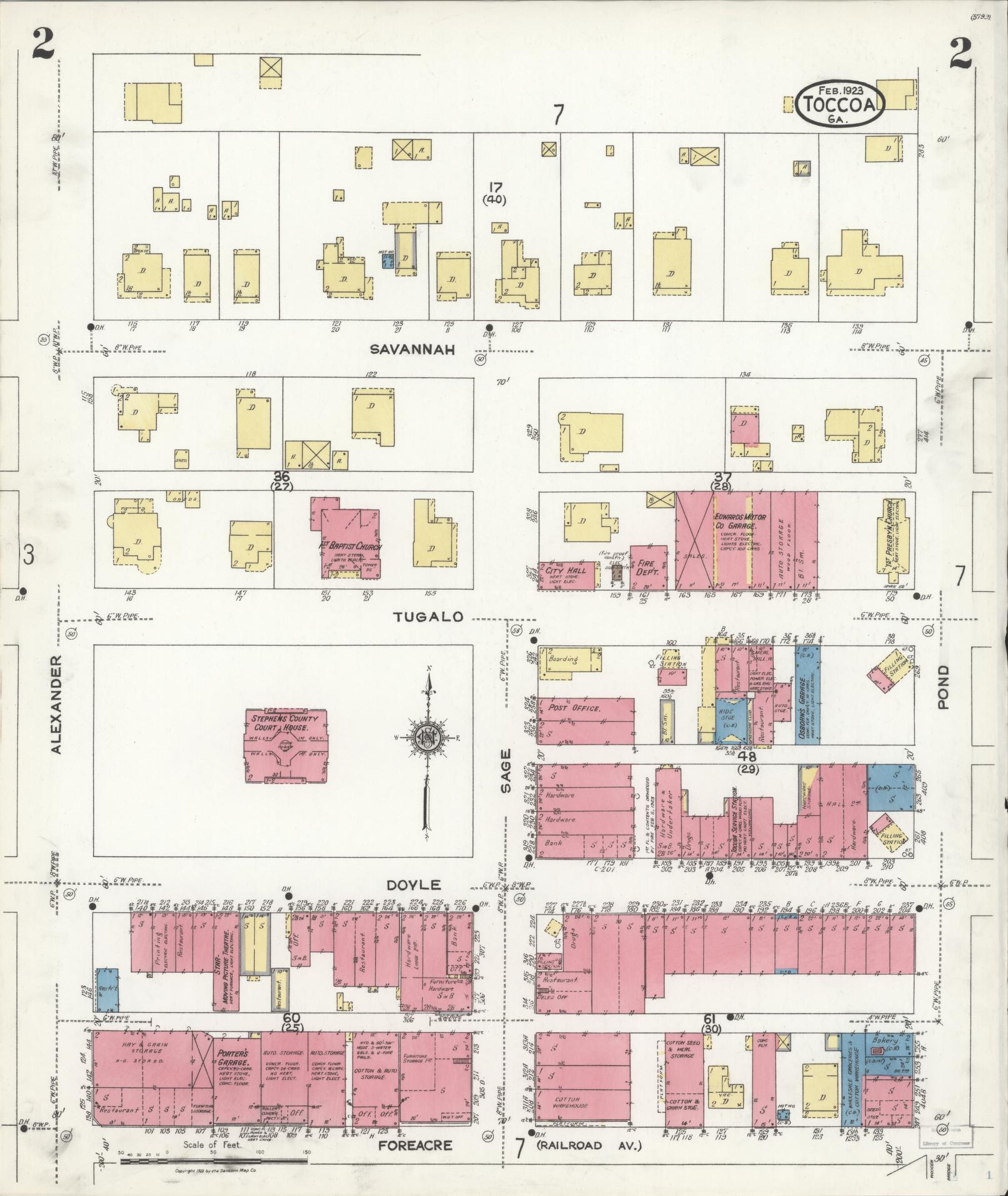 Sanborn Fire Insurance Map from Toccoa, Stephens County, Georgia (1923), Sheet #0002 - Historic Sanborn Fire Insurance Map Print, vintage old map wall art, antique decor, genealogy gift, Georgia Georgia map
