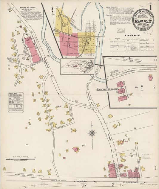 Sanborn Fire Insurance Map from Mount Holly, Gaston County, North Carolina (1922), Sheet #0001 - Complete Map Set gallery image, historic Sanborn map, vintage wall art, North Carolina North Carolina