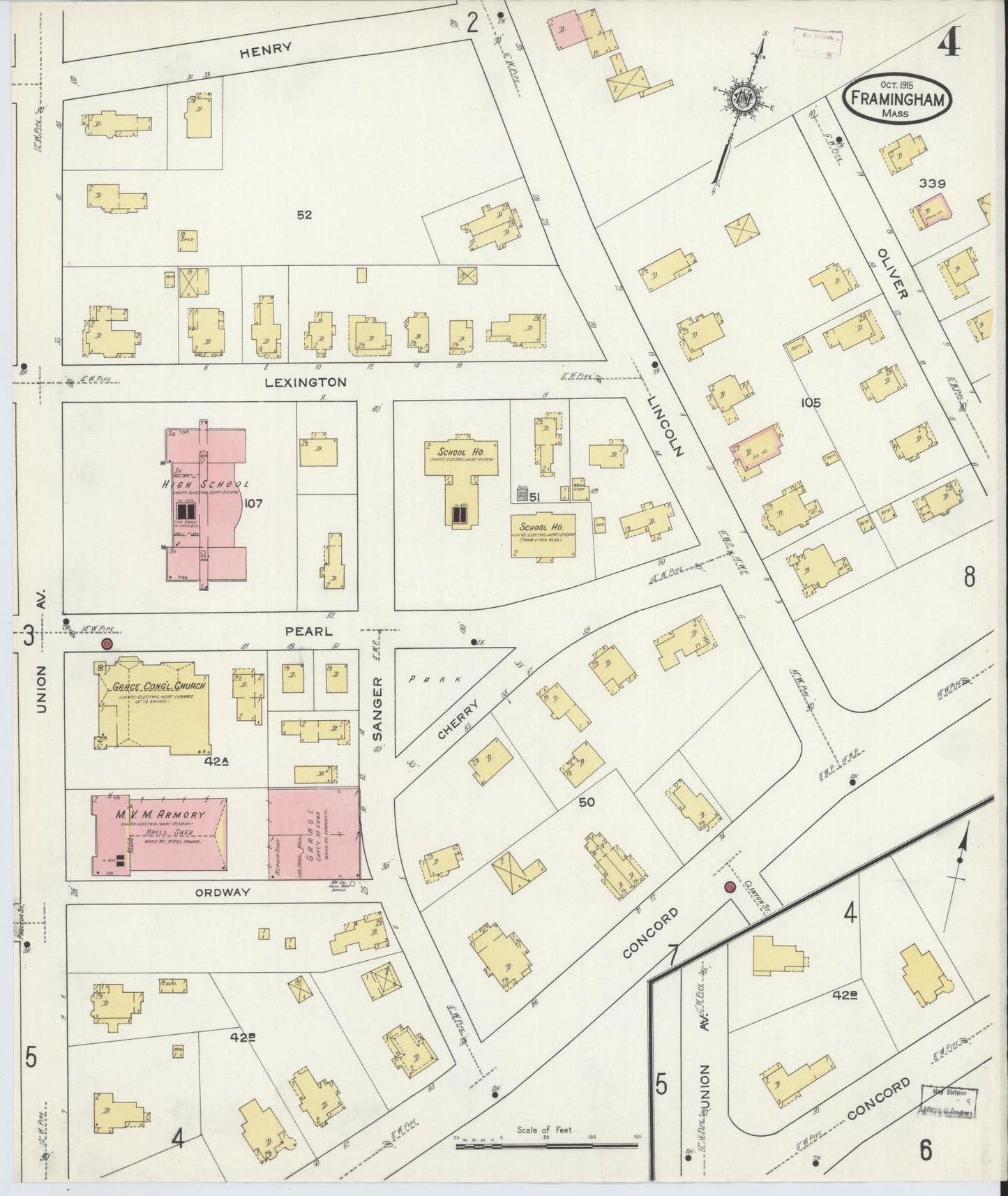 Sanborn Fire Insurance Map from Framingham, Middlesex County, Massachusetts (1915), Sheet #0004 - Historic Sanborn Fire Insurance Map Print, vintage old map wall art, antique decor, genealogy gift, Massachusetts Massachusetts map