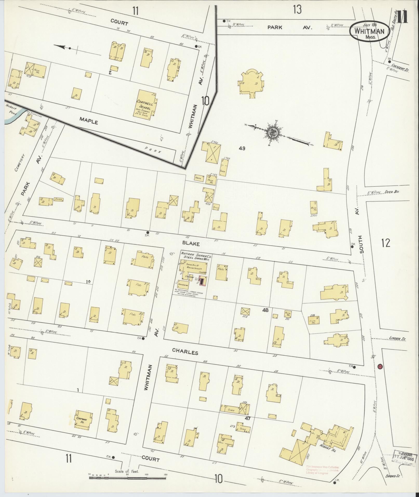 Sanborn Fire Insurance Map from Whitman, Plymouth County, Massachusetts (1911), Sheet #0011 - Historic Sanborn Fire Insurance Map Print, vintage old map wall art, antique decor, genealogy gift, Massachusetts Massachusetts map