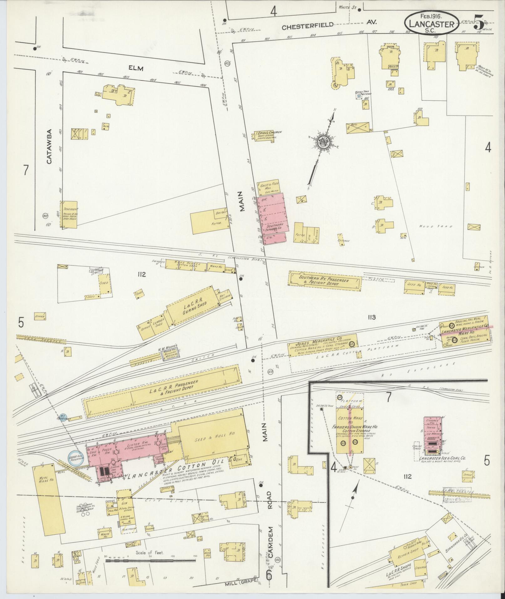 Sanborn Fire Insurance Map from Lancaster, Lancaster County, South Carolina (1916), Sheet #0005 - Complete Map Set gallery image, historic Sanborn map, vintage wall art, South Carolina South Carolina