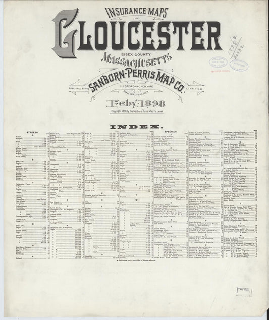 Sanborn Fire Insurance Map from Gloucester, Essex County, Massachusetts (1898), Sheet #0001 - Historic Sanborn Fire Insurance Map Print, vintage old map wall art, antique decor, genealogy gift, Massachusetts Massachusetts map