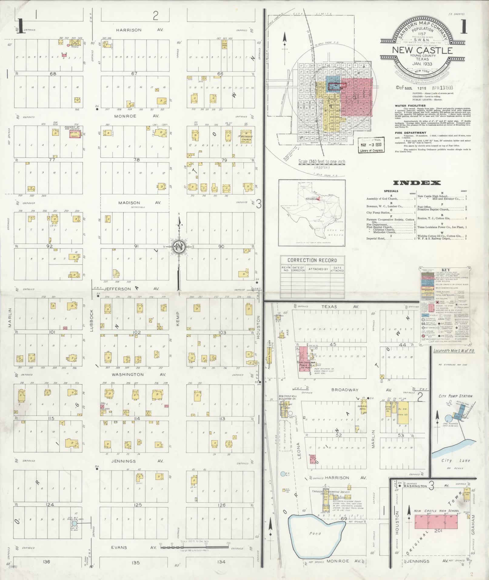 Sanborn Fire Insurance Map from Newcastle, Young County, Texas (1933), Sheet #0001 - Historic Sanborn Fire Insurance Map Print, vintage old map wall art, antique decor, genealogy gift, Texas Texas map