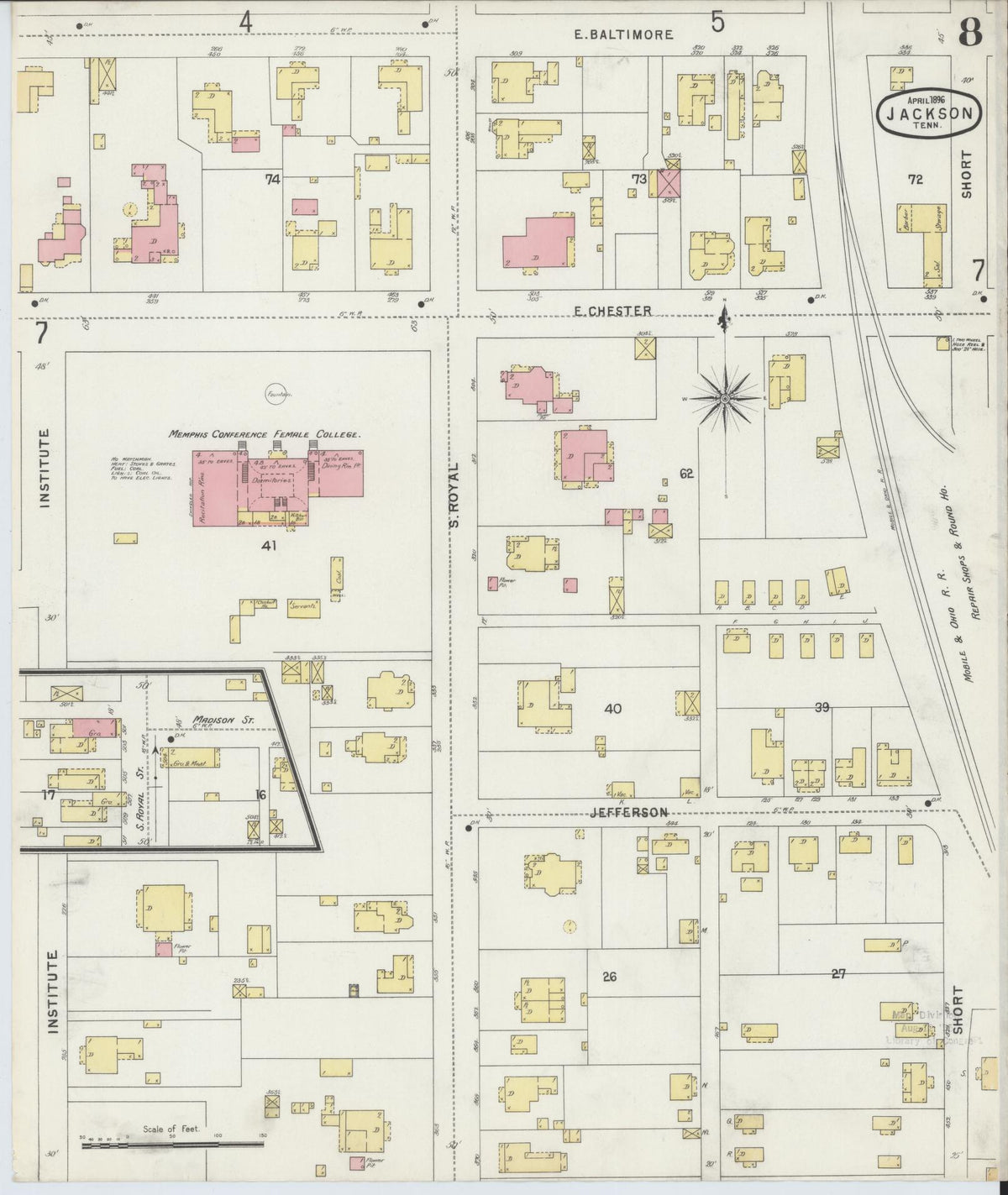 Sanborn Fire Insurance Map from Jackson, Madison County, Tennessee (1896), Sheet #0008 - Complete Map Set gallery image, historic Sanborn map, vintage wall art, Tennessee Tennessee