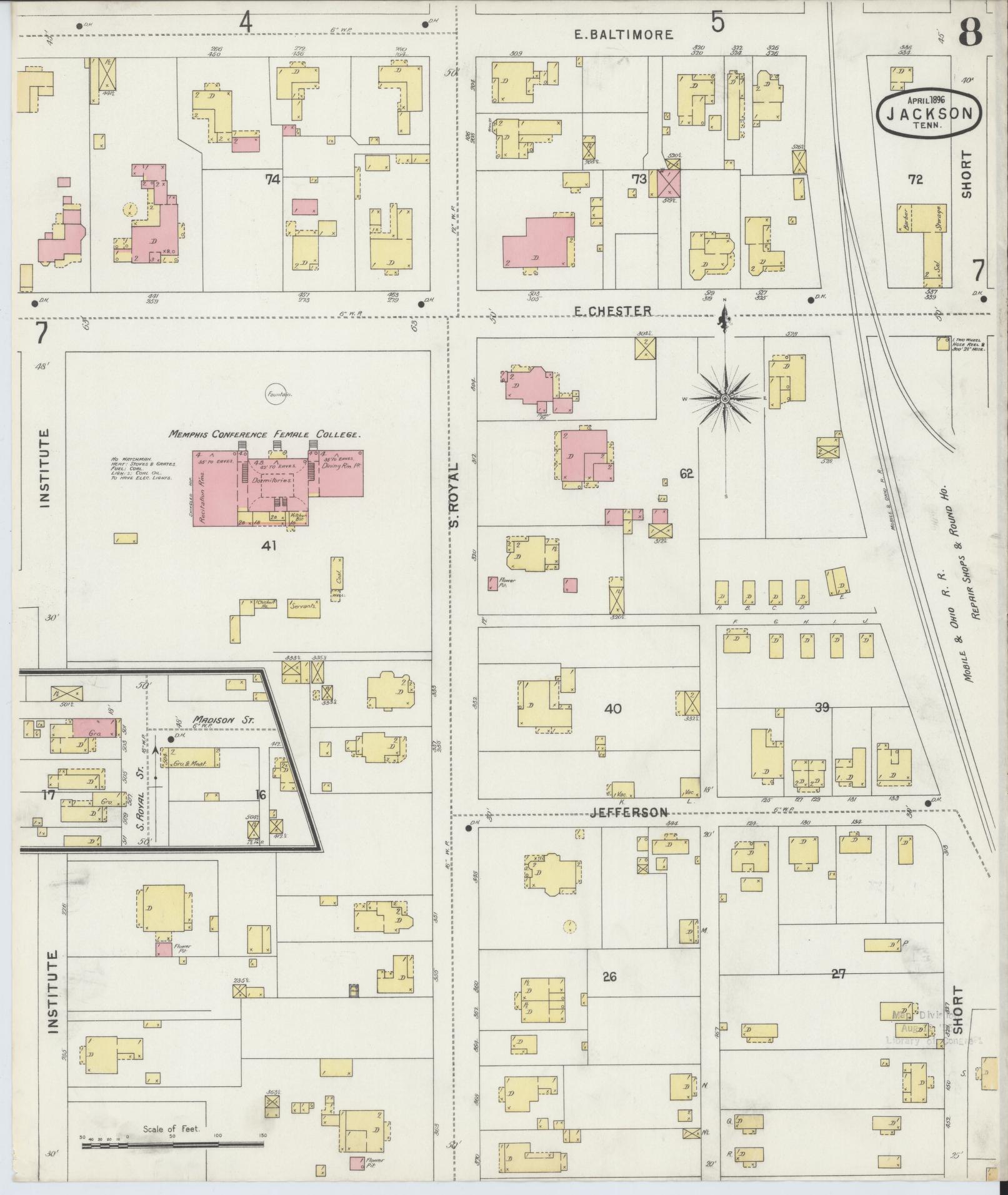 Sanborn Fire Insurance Map from Jackson, Madison County, Tennessee (1896), Sheet #0008 - Complete Map Set gallery image, historic Sanborn map, vintage wall art, Tennessee Tennessee