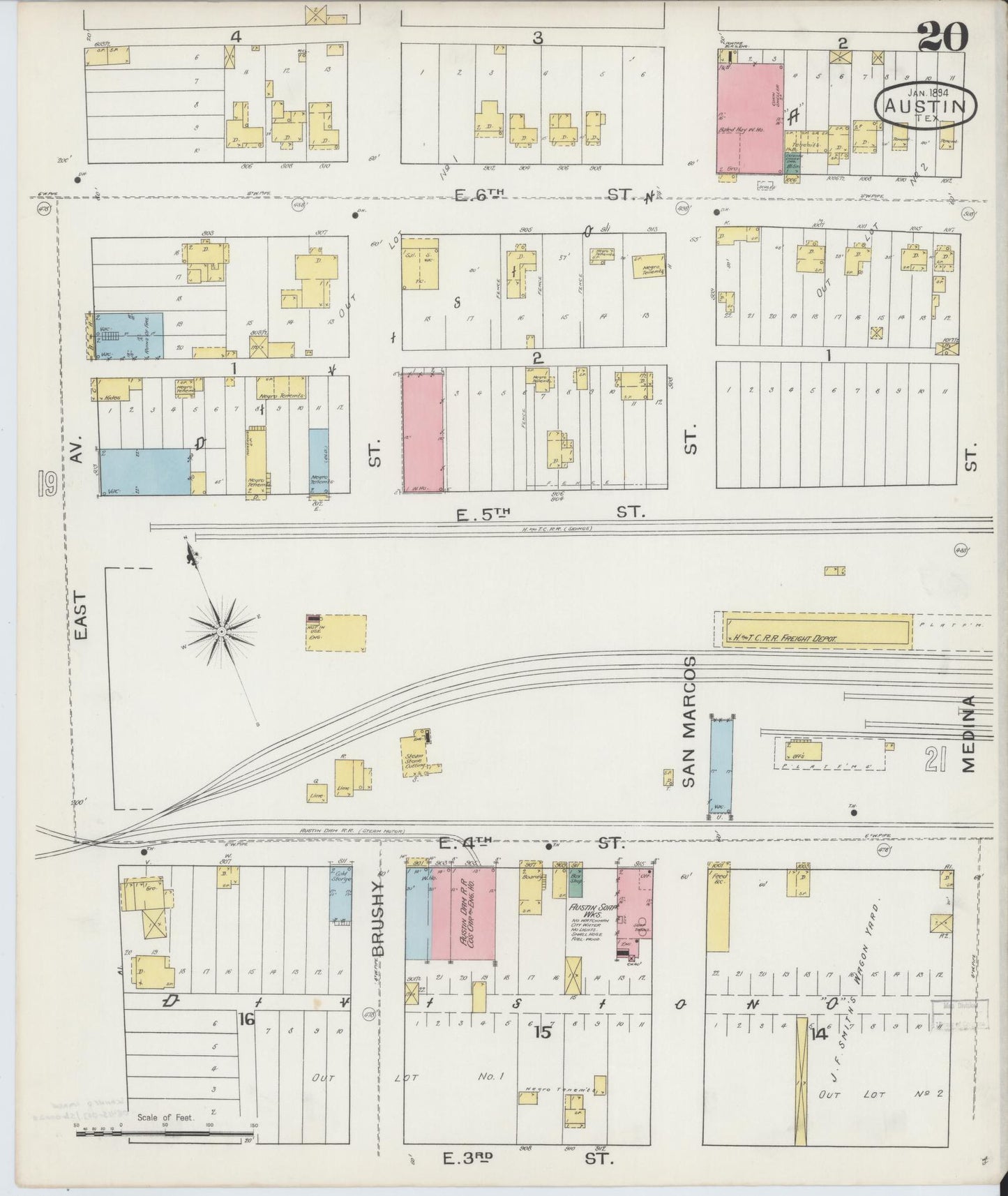 Sanborn Fire Insurance Map from Austin, Travis County, Texas (1894), Sheet #0020 - Historic Sanborn Fire Insurance Map Print, vintage old map wall art, antique decor, genealogy gift, Texas Texas map