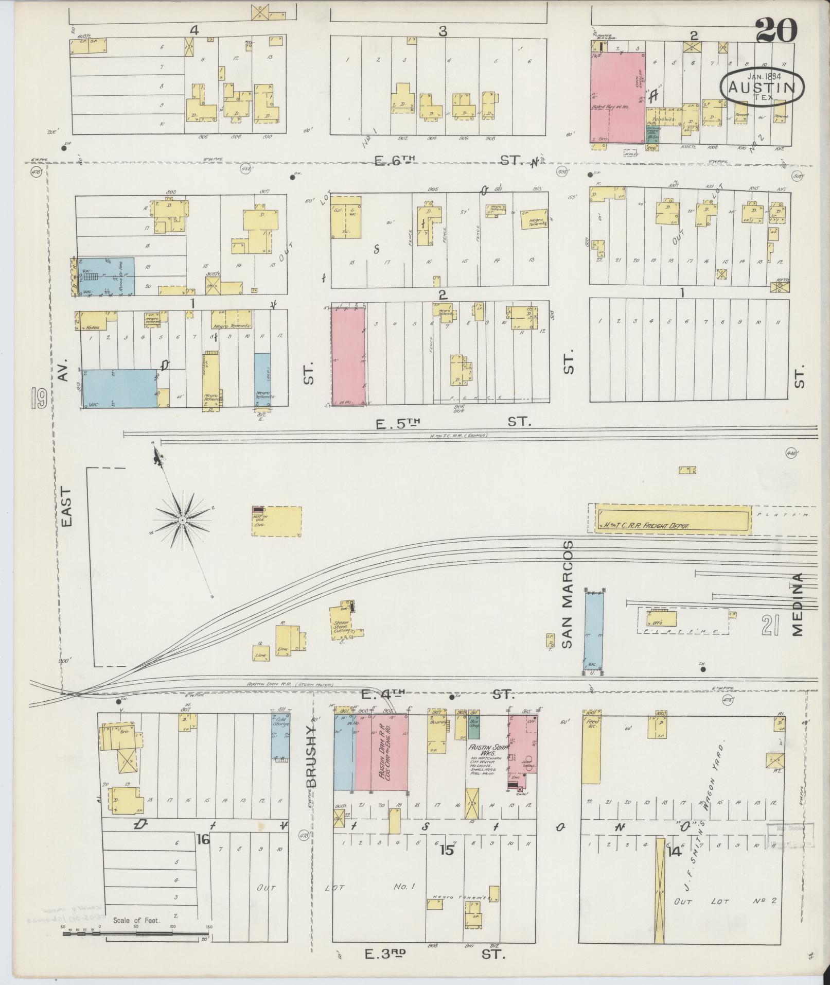 Sanborn Fire Insurance Map from Austin, Travis County, Texas (1894), Sheet #0020 - Historic Sanborn Fire Insurance Map Print, vintage old map wall art, antique decor, genealogy gift, Texas Texas map