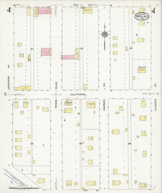 Sanborn Fire Insurance Map from Weslaco, Hidalgo County, Texas (1925), Sheet #0004 - Historic Sanborn Fire Insurance Map Print, vintage old map wall art, antique decor, genealogy gift, Texas Texas map