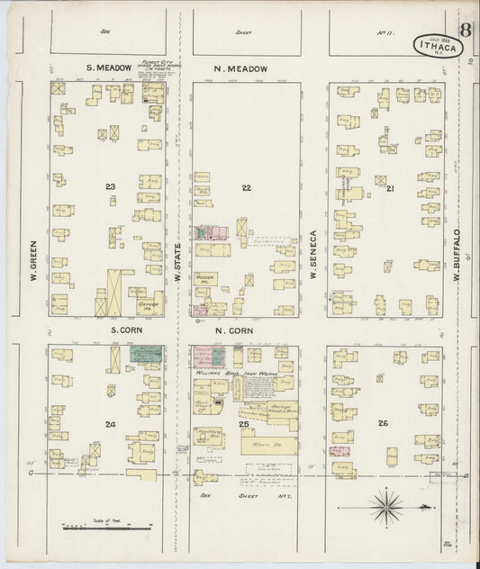 Sanborn Fire Insurance Map from Ithaca, Tompkins County, New York (1888), Sheet #0008 - Historic Sanborn Fire Insurance Map Print, vintage old map wall art, antique decor, genealogy gift, New York New York map