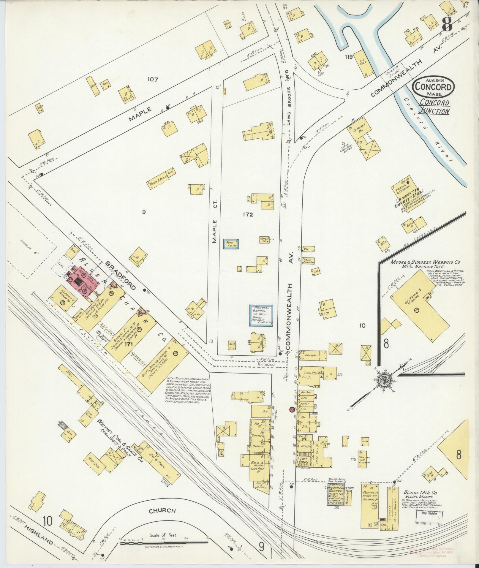 Sanborn Fire Insurance Map from Concord, Middlesex County, Massachusetts (1918), Sheet #0008 - Historic Sanborn Fire Insurance Map Print, vintage old map wall art, antique decor, genealogy gift, Massachusetts Massachusetts map