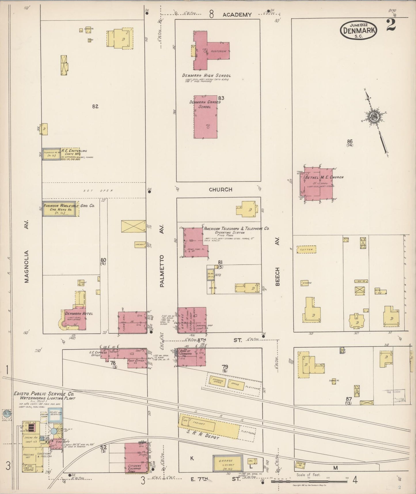 Sanborn Fire Insurance Map from Denmark, Bamberg County, South Carolina (1922), Sheet #0002 - Complete Map Set gallery image, historic Sanborn map, vintage wall art, South Carolina South Carolina