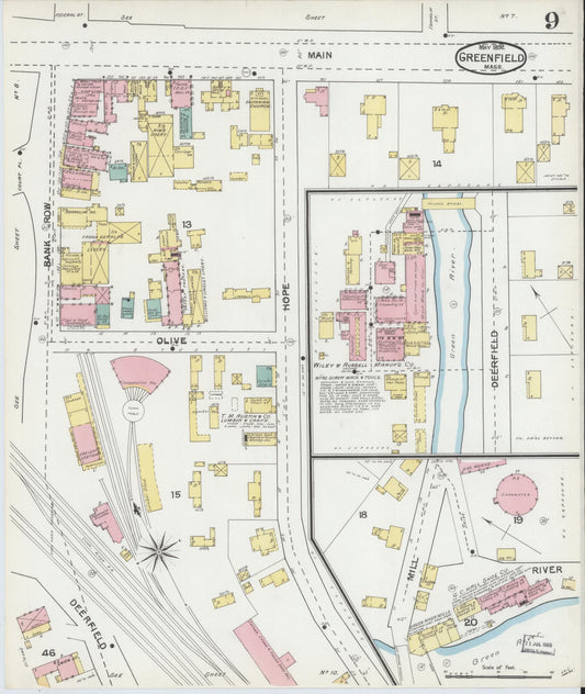 Sanborn Fire Insurance Map from Greenfield, Franklin County, Massachusetts (1892), Sheet #0009 - Historic Sanborn Fire Insurance Map Print, vintage old map wall art, antique decor, genealogy gift, Massachusetts Massachusetts map