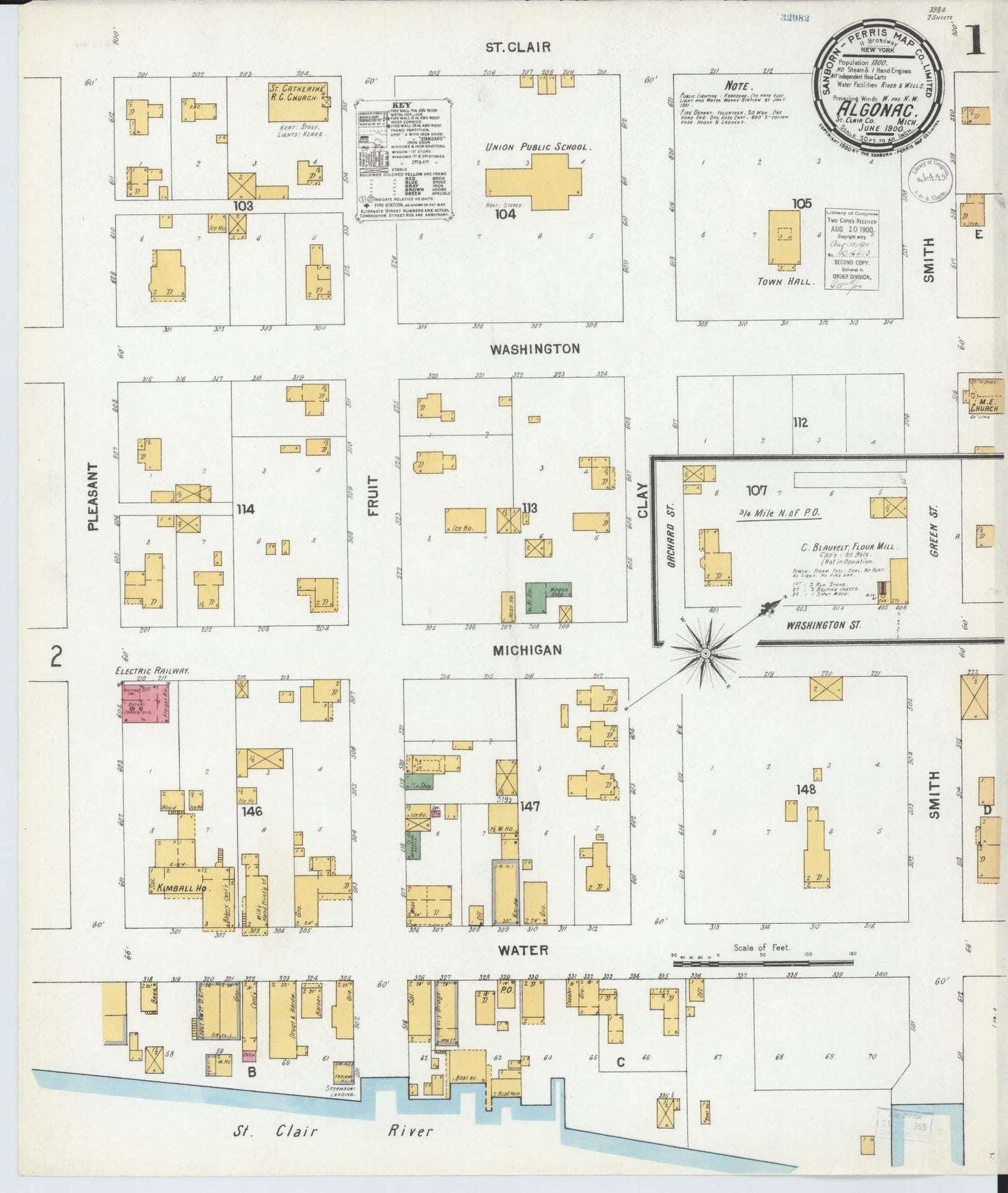 Sanborn Fire Insurance Map from Algonac, Saint Clair County, Michigan (1900), Sheet #0001 - Complete Map Set gallery image, historic Sanborn map, vintage wall art, Michigan Michigan