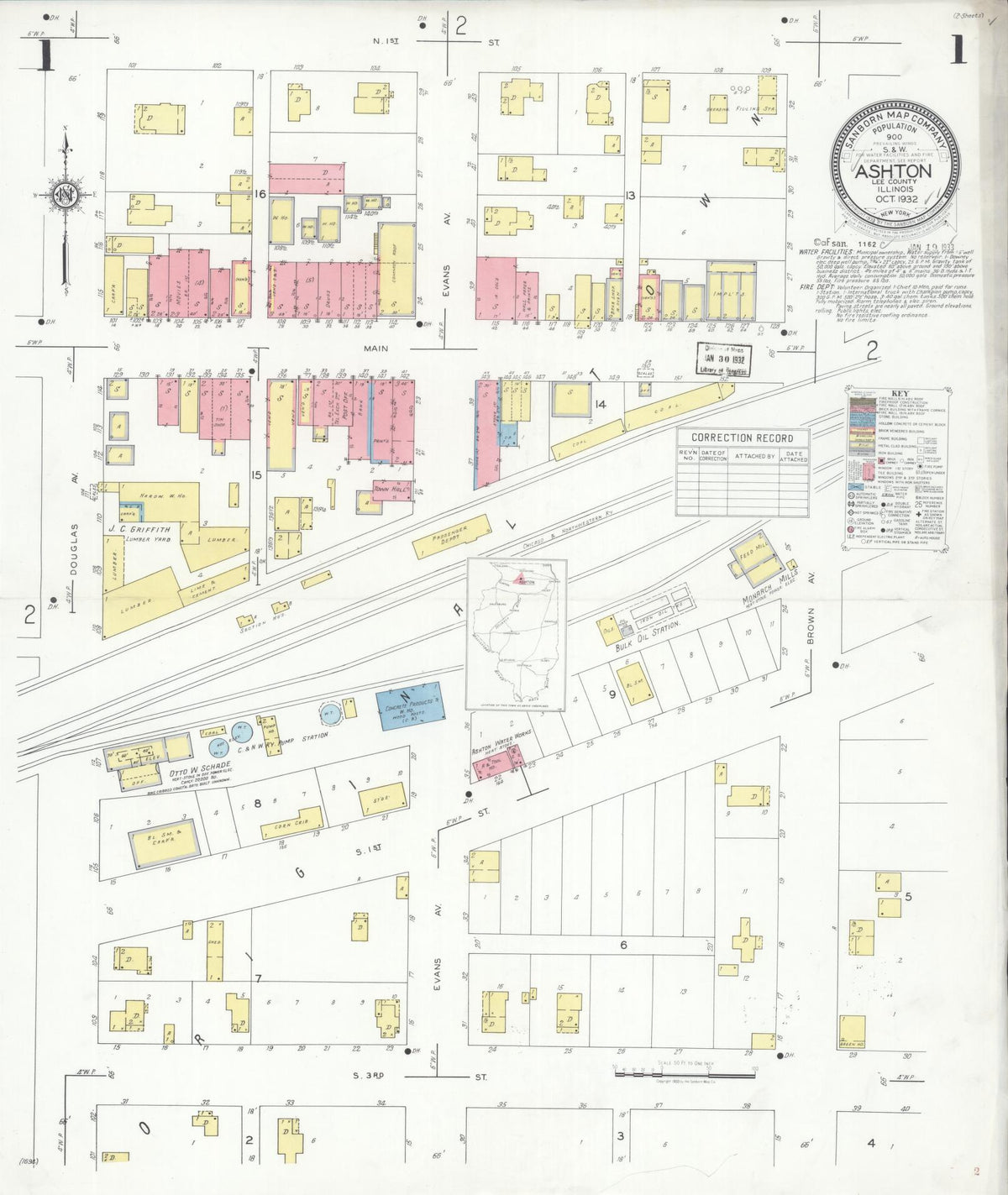 Sanborn Fire Insurance Map from Ashton, Lee County, Illinois (1932), Sheet #0001 - Complete Map Set gallery image, historic Sanborn map, vintage wall art, Illinois Illinois