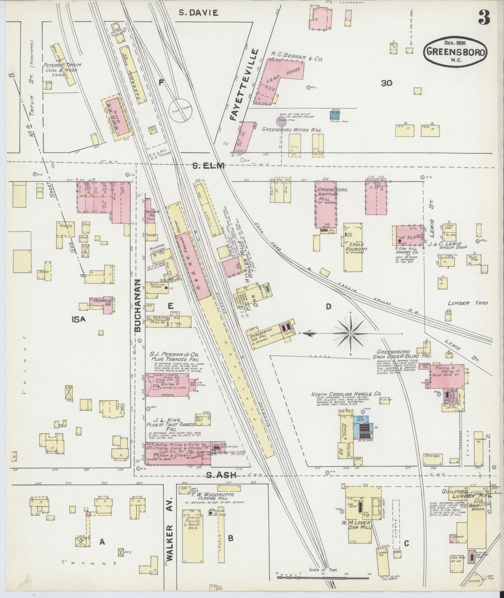 Sanborn Fire Insurance Map from Greensboro, Guilford County, North Carolina (1891), Sheet #0003 - Complete Map Set gallery image, historic Sanborn map, vintage wall art, North Carolina North Carolina