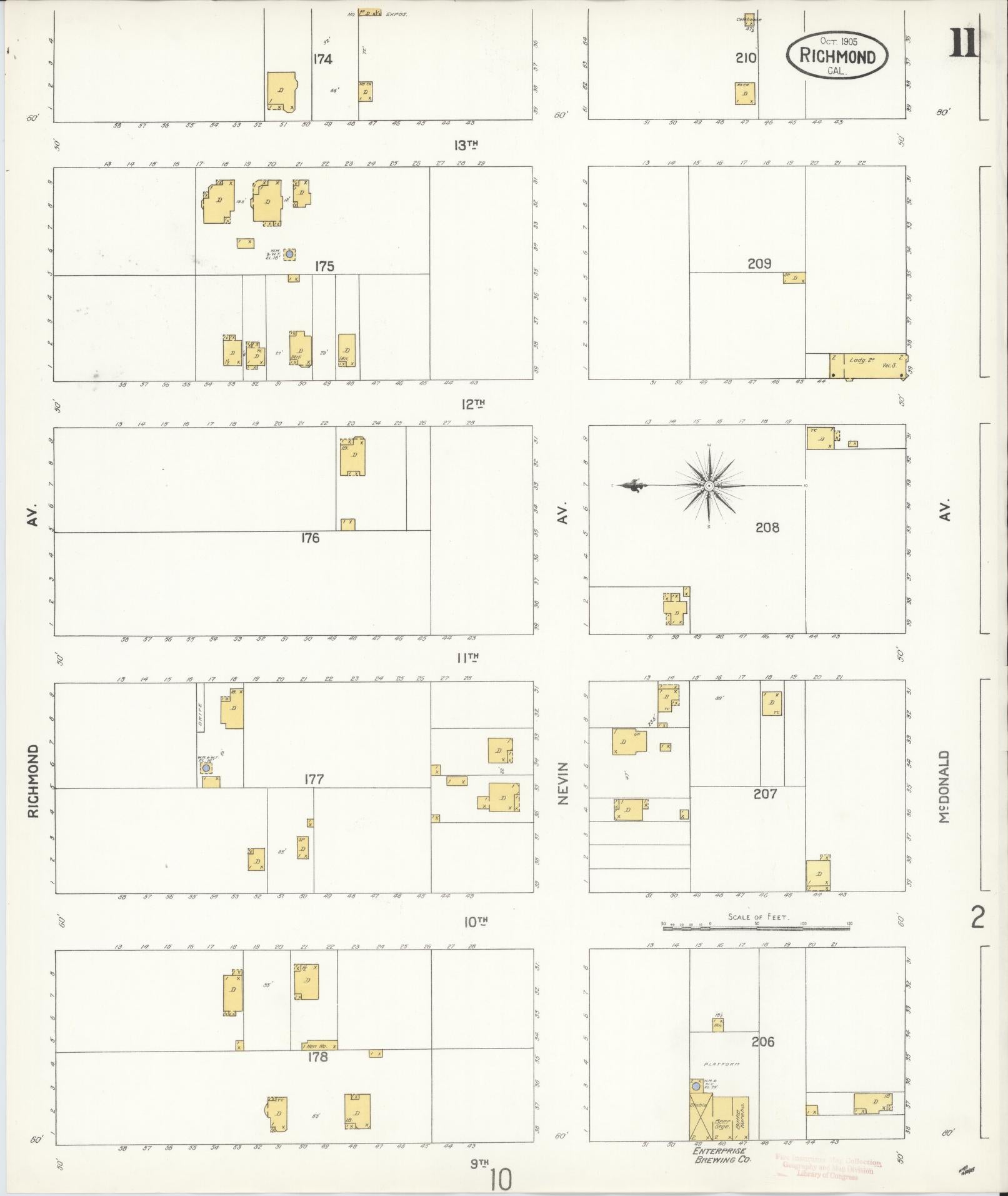 Sanborn Fire Insurance Map from Richmond, Contra Costa County, California (1905), Sheet #0011 - Complete Map Set gallery image, historic Sanborn map, vintage wall art, California California