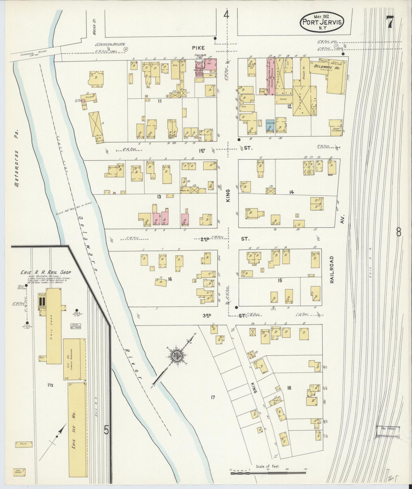 Sanborn Fire Insurance Map from Port Jervis, Orange County, New York (1912), Sheet #0007 - Historic Sanborn Fire Insurance Map Print, vintage old map wall art, antique decor, genealogy gift, New York New York map