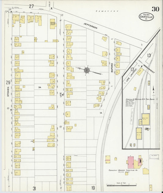 Sanborn Fire Insurance Map from Danville, Independent Cities, Virginia (1910), Sheet #0030 - Historic Sanborn Fire Insurance Map Print, vintage old map wall art, antique decor, genealogy gift, Virginia Virginia map