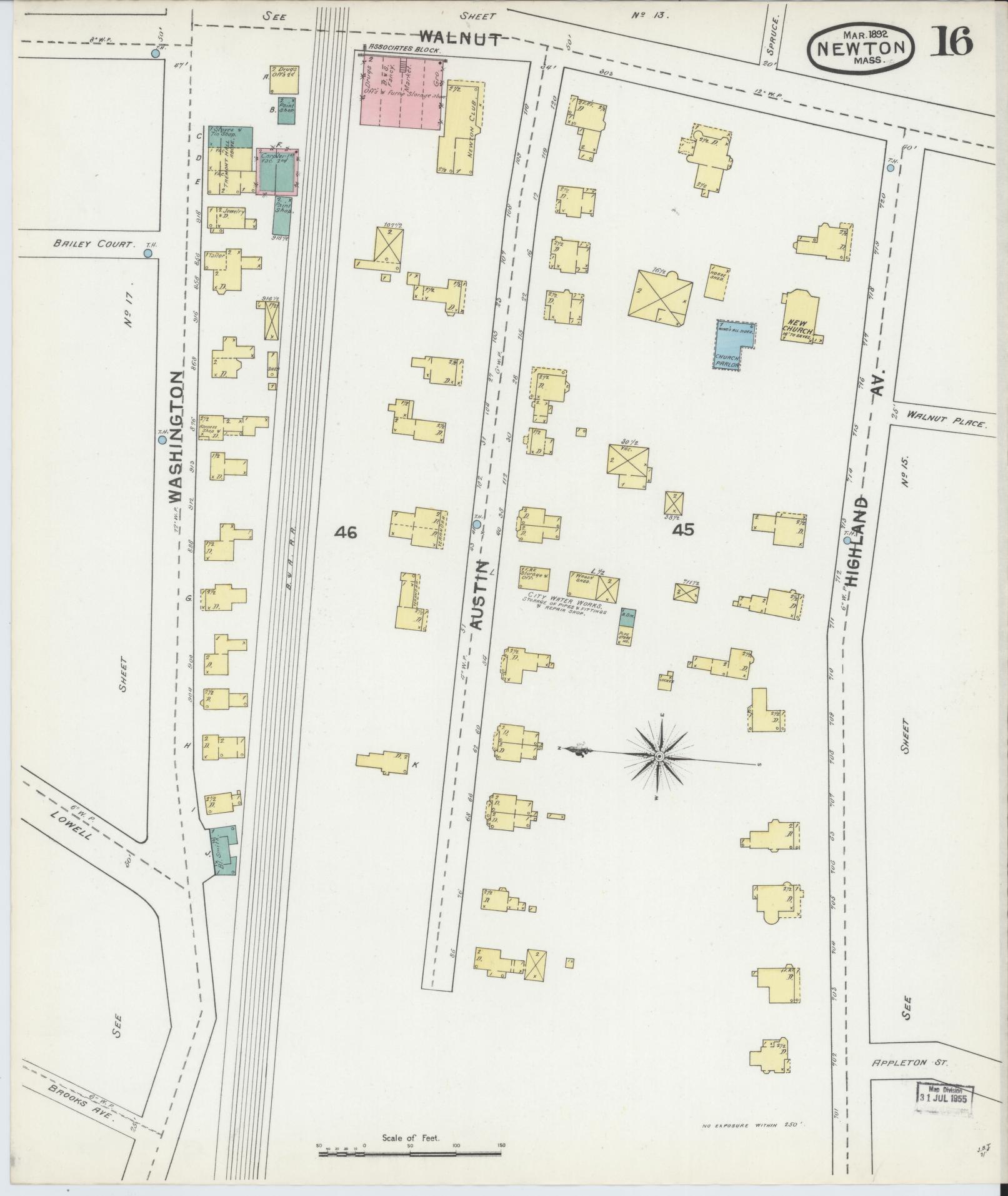 Sanborn Fire Insurance Map from Newton, Middlesex County, Massachusetts (1892), Sheet #0016 - Complete Map Set gallery image, historic Sanborn map, vintage wall art, Massachusetts Massachusetts