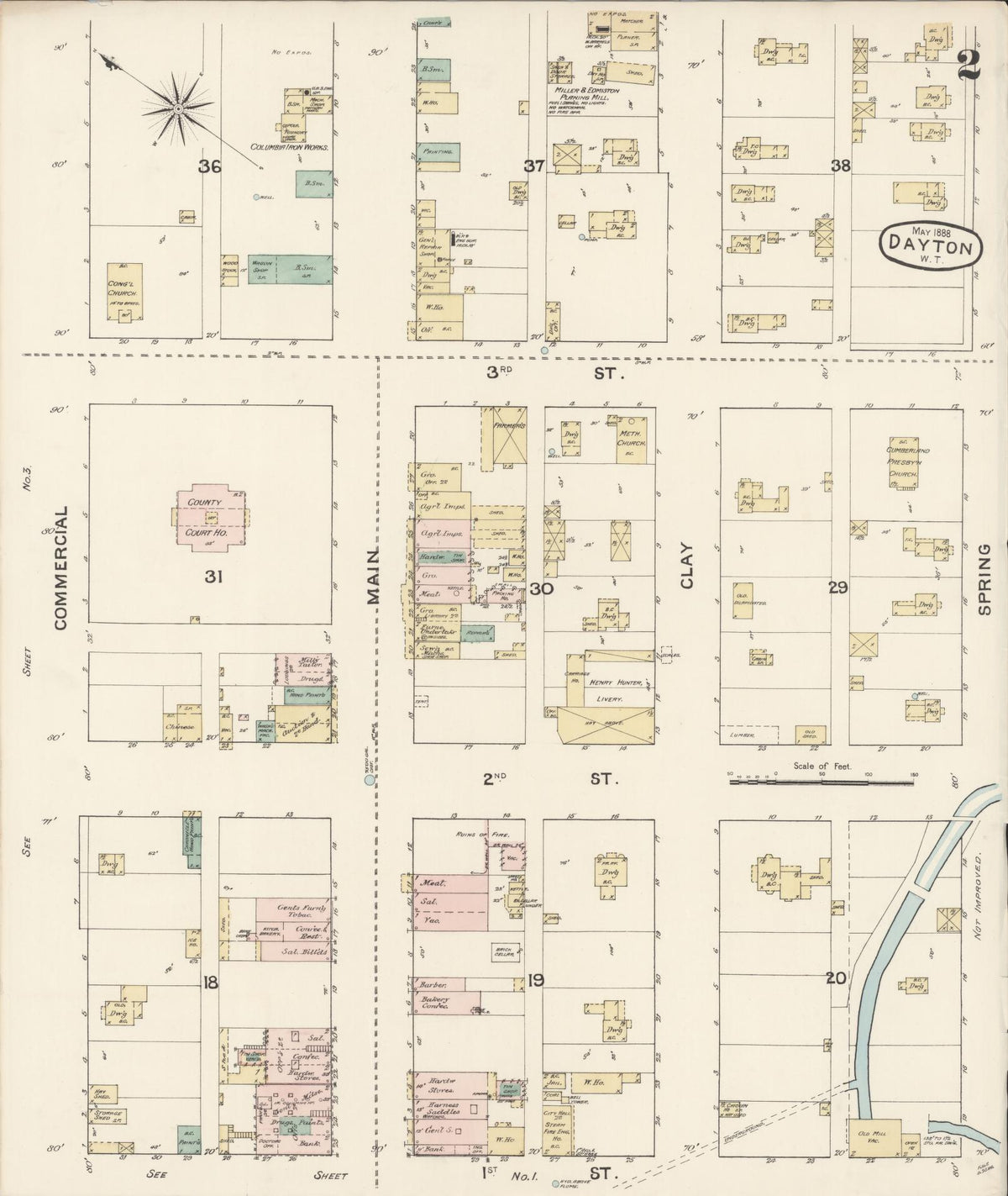 Sanborn Fire Insurance Map from Dayton, Columbia County, Washington (1888), Sheet #0002 - Historic Sanborn Fire Insurance Map Print, vintage old map wall art, antique decor, genealogy gift, Washington Washington map
