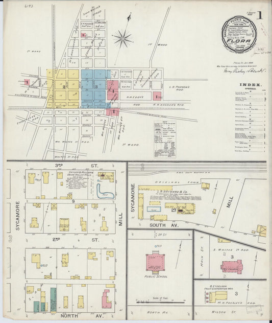 Sanborn Fire Insurance Map from Flora, Clay County, Illinois (1894), Sheet #0001 - Historic Sanborn Fire Insurance Map Print, vintage old map wall art, antique decor, genealogy gift, Illinois Illinois map