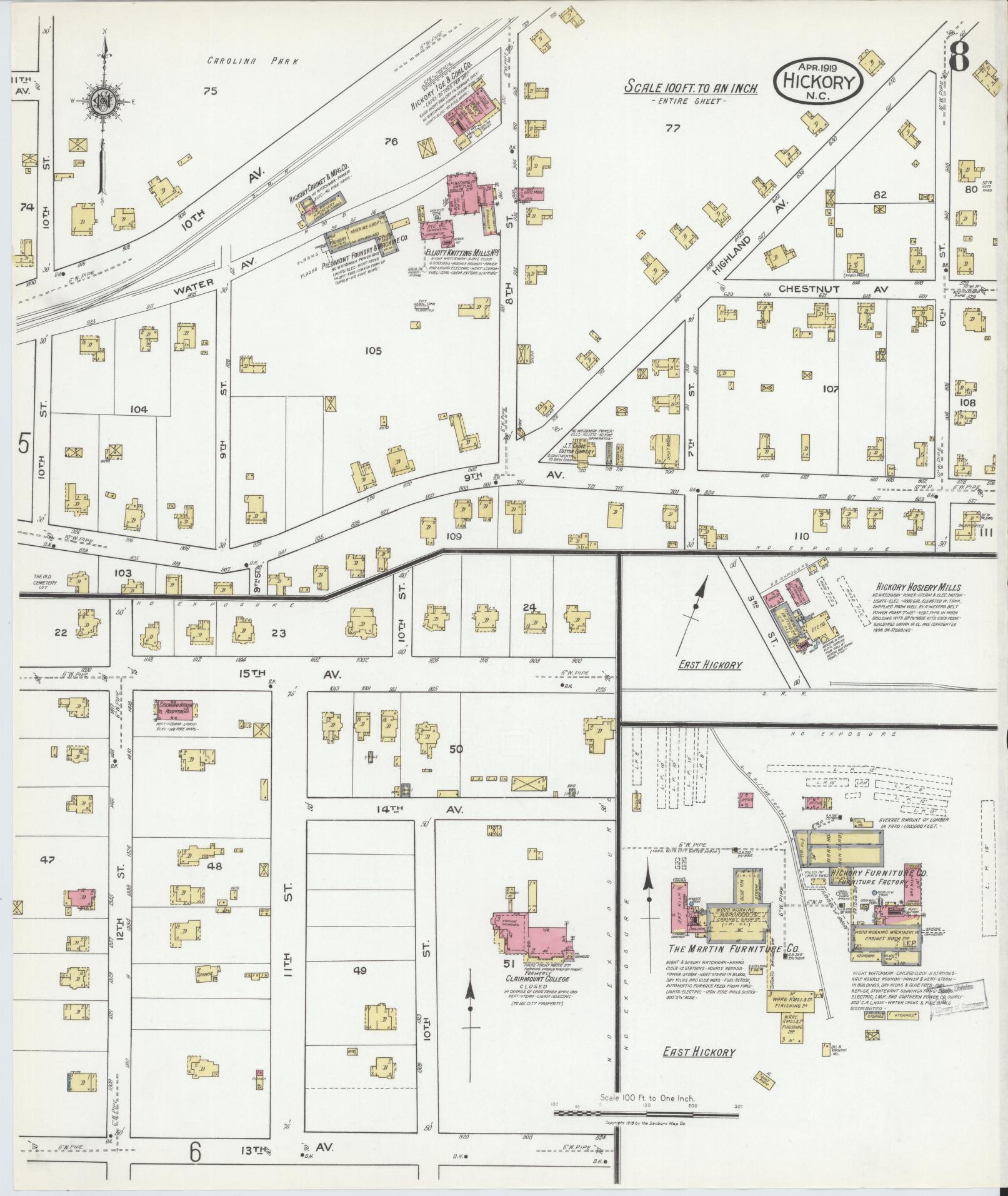 Sanborn Fire Insurance Map from Hickory, Catawba County, North Carolina (1919), Sheet #0008 - Historic Sanborn Fire Insurance Map Print, vintage old map wall art, antique decor, genealogy gift, North Carolina North Carolina map