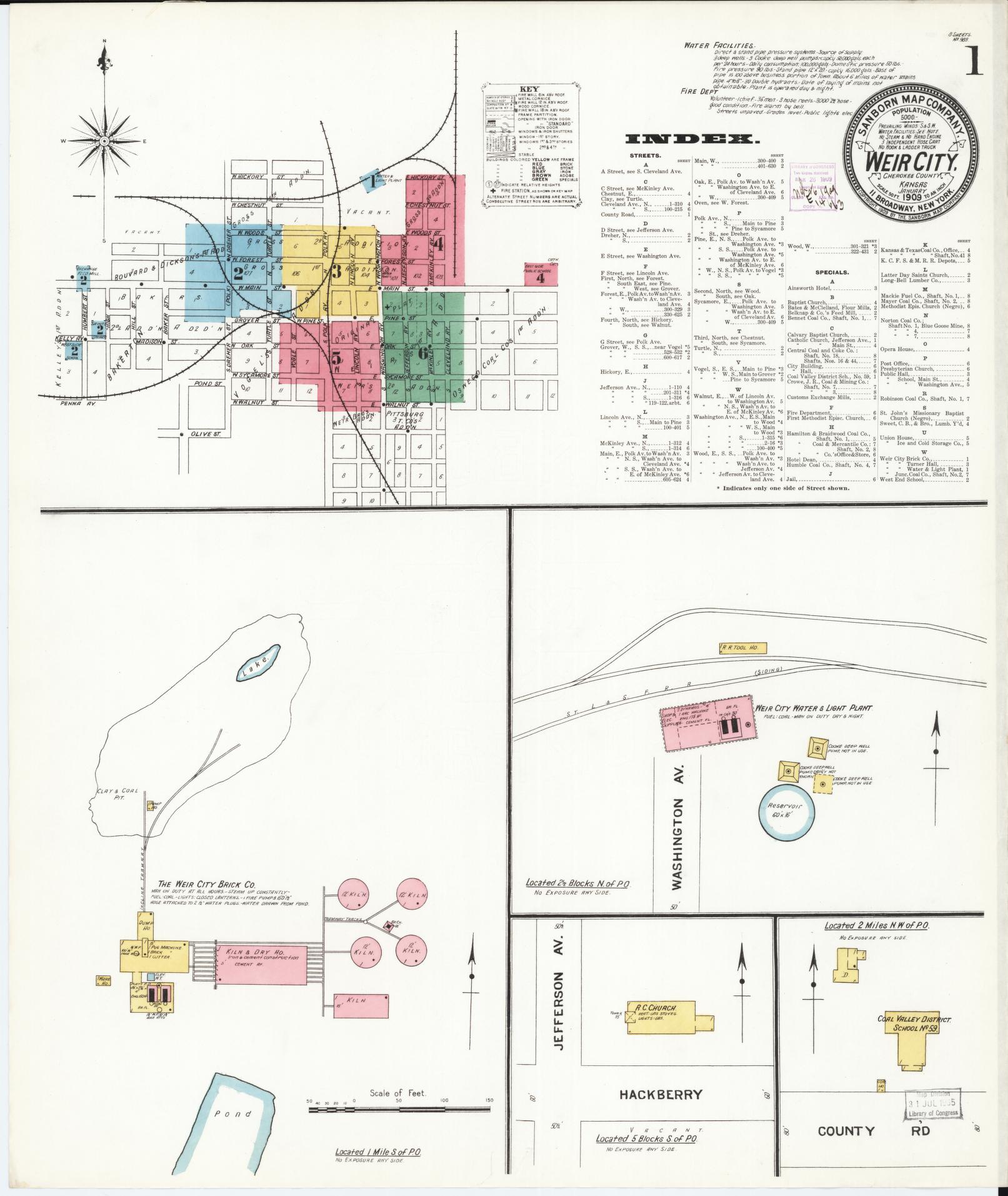 Sanborn Fire Insurance Map from Weir, Cherokee County, Kansas (1909), Sheet #0001 - Historic Sanborn Fire Insurance Map Print, vintage old map wall art, antique decor, genealogy gift, Kansas Kansas map