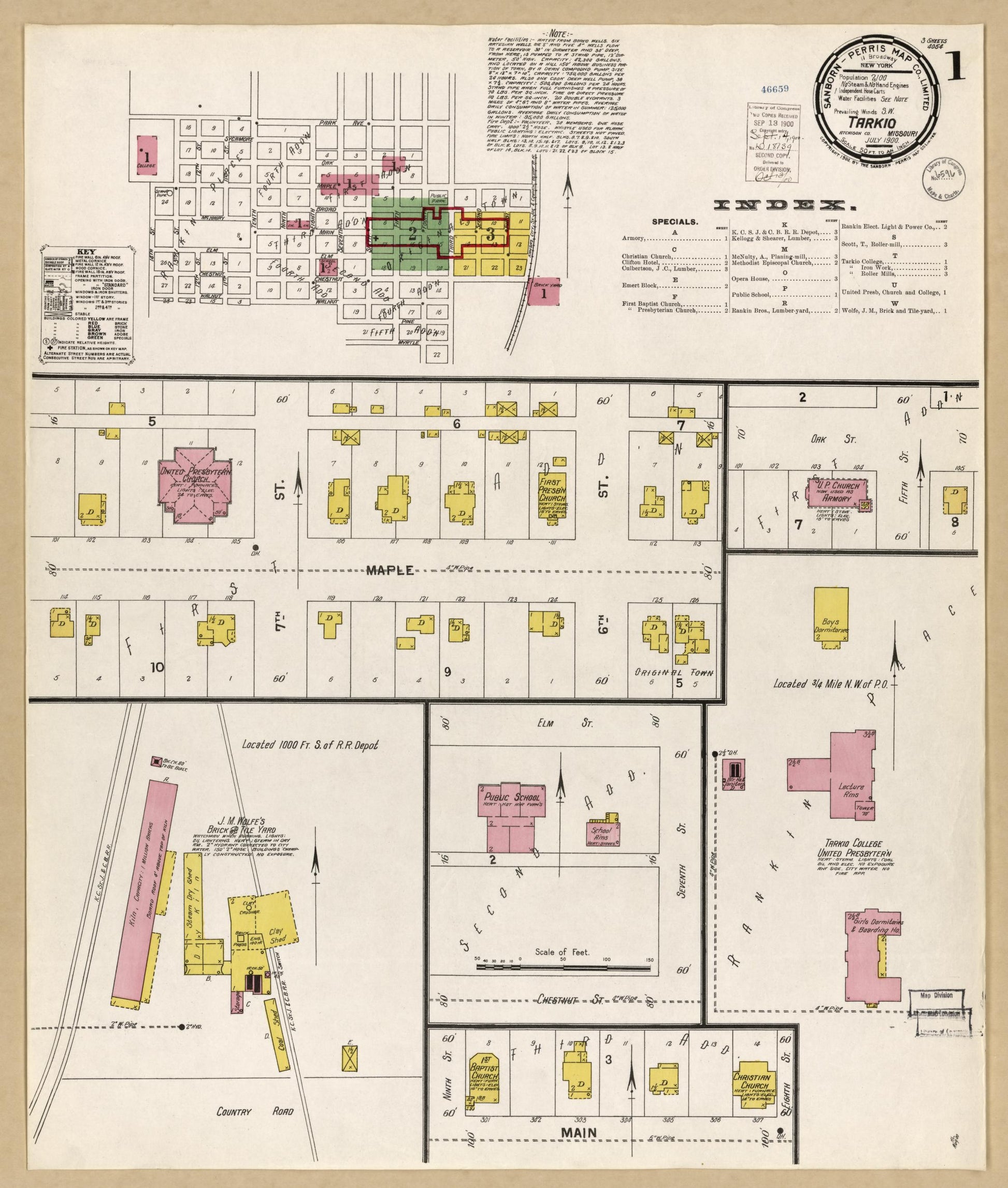 Sanborn Fire Insurance Map from Tarkio, Atchison County, Missouri (1900), Sheet #0001 - Historic Sanborn Fire Insurance Map Print, vintage old map wall art, antique decor, genealogy gift, Missouri Missouri map