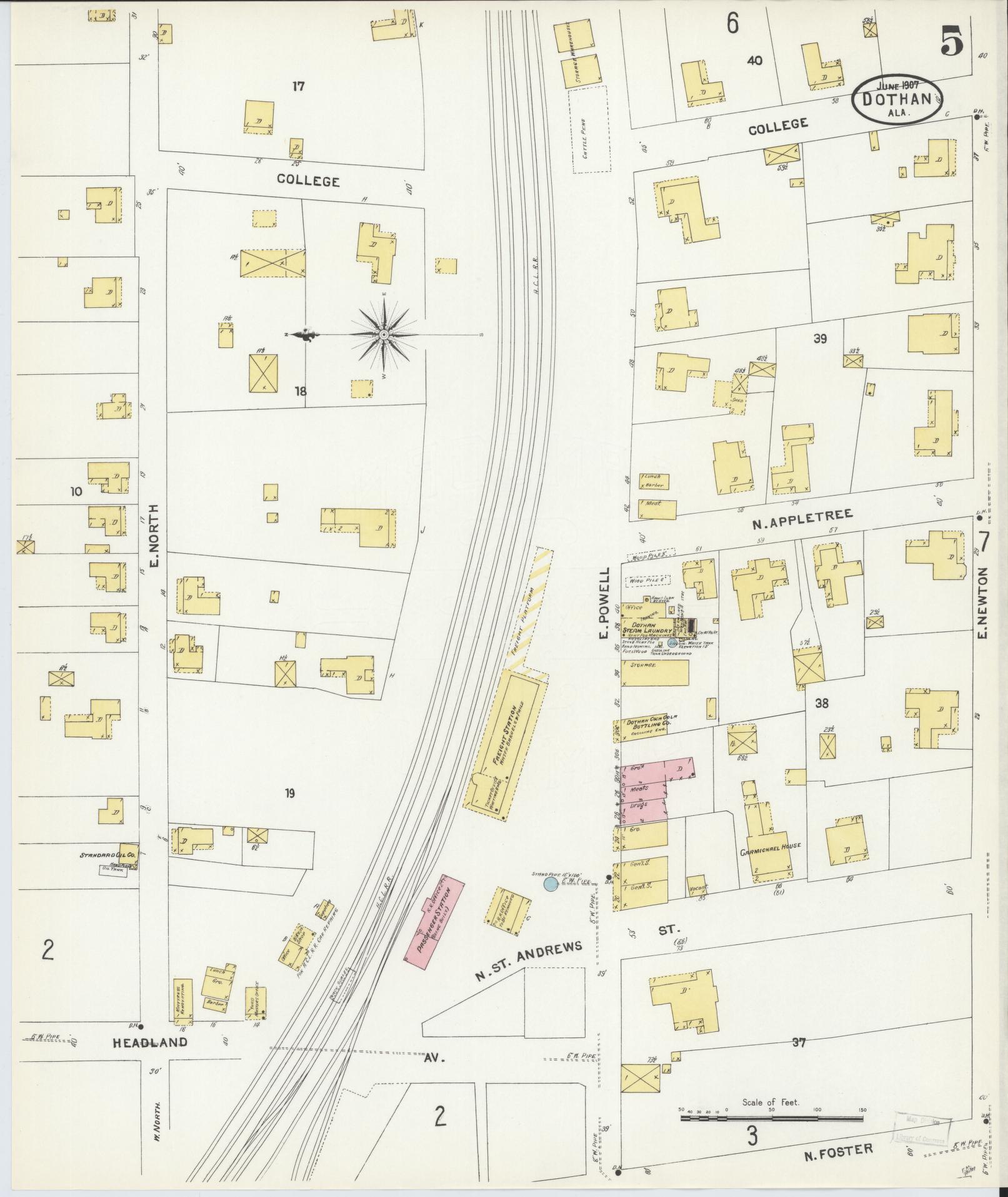 Sanborn Fire Insurance Map from Dothan, Houston County, Alabama (1907), Sheet #0005 - Complete Map Set gallery image, historic Sanborn map, vintage wall art, Alabama Alabama