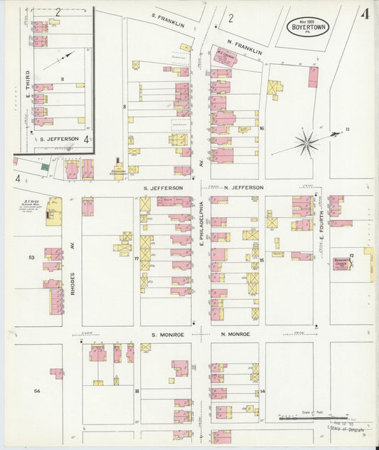 Sanborn Fire Insurance Map from Boyertown, Berks County, Pennsylvania (1909), Sheet #0004 - Historic Sanborn Fire Insurance Map Print, vintage old map wall art, antique decor, genealogy gift, Pennsylvania Pennsylvania map